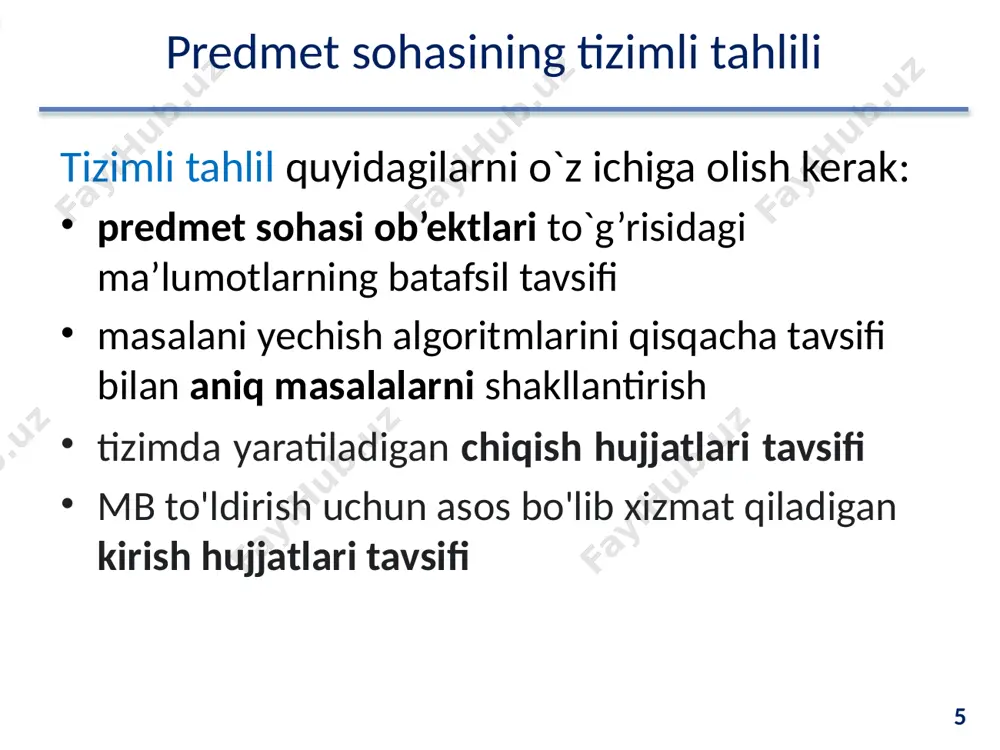 rsatilgan o'lchov birliklaridagi mahsulot sotilgan miqdori sotish narxi - mahsulotning bir o'lchov birligidagi sotilish narxi 32 «mohiyat-aloqa» modeli: misol 33 4. «shaharlar» shahar kodi – noyob identifikator, kalit atributi shahar – shahar nomi 33 «mohiyat-aloqa» modeli: misol 34 «ta’minlaydi» aloqasi quyidagi atributlarga ega: ta’minlash sanasi - ta’minlash sanasi ta’minotchi kodi - ushbu mahsulot ta’minotchisi mahsulot kodi - qaysi ta’minlangan mahsulot kodi miqdorm- ushbu mahsulot qancha etkazib berildi ta’minlash narxi - mahsulot bir o‘lchov birligidagi ta’milash narxi ishlab chiqarilgan sana - mahsulot ishlab chiqarilgan sana 34 «mohiyat-aloqa» modeli: misol 35 mohiyatlar o'rtasidagi aloqalarni ko'rib chiqamiz: 1. mahsulot va ta’minotchilar mohiyatlar o'rtasidagi «ta’minlaydi» aloqasi m:n 35 «mohiyat-aloqa» modeli: misol 36 2. ta’minotchilar va mahsulot mohiyatlari o'rtasidagi «buyurtma» m: n aloqa buyurtma sanasi –buyurtma sanasi ta’minotchi kodi - ushbu mahsulot qaysi ta’minotchiga buyurtma qilingan mahsulot kodi - qaysi mahsulot buyurtma qilingan b_miqdori - ushbu mahsulot qancha etkazib berildi 36 «mohiyat-aloqa» modeli: misol 37 …