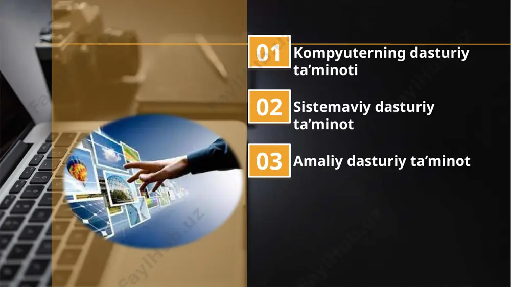da yetkazib berilsa, xizmat ko‘rsatuvchi dasturiy ta’minot aloxida, qo‘shimcha tarzda olinishi mumkin. sdt asosiy dt xizmat ko’rsatuvchi dt operatsion tizim tarmoq ot tashxis dasturlari antivirus dasturlari arxivlashtirish dasturlari tarmoq dasturlari dasturiy ta’minot kompyuterning dasturiy ta’minoti orasida eng ko‘p qo‘llaniladigani amaliy dasturiy ta’minot (adт)dir. bunga asosiy sabab — kompyuterlardan inson faoliyatining barcha sohalarida keng foydalanishi, turli predmet soxalarida avtomatlashtirilgan tizimlarning yaratilishi va qo‘llanishidir. amaliy dasturiy ta’minotni quyidagicha tasniflash mumkin. amaliy dasturiy ta’minot (aplication program paskage) — bu aniq bir predmet sohasi bo‘yicha ma’lum bir masalalar sinfini yechishga mo‘ljallangan dasturlar majmuasidir. adt muammoga yo’naltirilgan adt sun`iy intellect tizimlari kichik nashriyot tizimlari ofis adt multimedia dasturiy vositalari umumiy maqsadli adt muammoga yo`naltirilgan adtga quyidagilar kiradi: buxgalteriya uchun dt; personalni boshqarish dt; jarayonlarni boshqarish dt; bank axborot tizimlari va boshqalar. umumiy maqsadli adt – soha mutaxassisi bo`lgan foydalanuvchi axborot texnologiyasini qo`llaganda uning ishiga yordam beruvchi ko`plab dasturlarni o`z ichiga oladi. bular: kompyuterlarda ma’lumotlar bazasini …