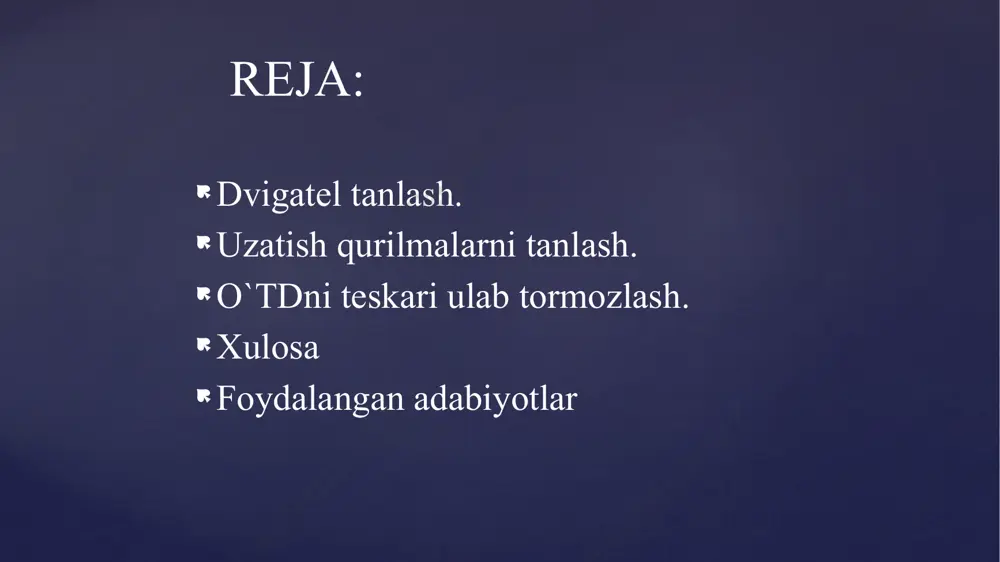/380=0.1002 sek oʻtkinchirejimvaqti har bir pog’ona uchun aniqlanadi ti = tmln [(mk – mci) / (mi – mci)]= 0.1 ln [(380 – 94,86) / (104,1 –94,86)]=0.34 tabiiy xarakteristika bo’yicha yuritmani tezlanish vaqti tt = (3÷4) tm tenglamalarni prametrlari ishga tushirish grafiklaridan olinadi. vaqtning 0dan tiqiymatlari uchun m va ω lar hisoblanadi va o’tkinchi jarayon grafiklari quriladi t , sek 0,0425 0,085 0,17 0,34 m , nm 140,2 163,8 189,3 204,84 ω , rad/sek 64,61 75,48 87,23 94,39 elektr yuritmani reostatli ishga tushirishdagi o’tkinchi jarayon grafiklari. men ushbu kurs loyihada ketma ket qo`zg`atishli o`zgarmas tok dvigatel dp-31 tipdagi elektir dvigatelni yuqoridagi ko’rsatilgan shartlari bo’yicha tabiy mexanik xarakteristikasini ,ishga tushirish xarakteristikasini ,teskari ulab tormizlash xarakteristikasi va dinamik tormozlash xarakteristikalarini shart bo’yicha tekshirdik va uning grafiklarini tekshirdim .o`zgarmas tok dvigatelni ishga tushirish vaqtida ishga tushurish tokning ortib ketmasligi uchun qo’shimcha qarshilik ulab ishga tushirilgan vaqtdagi o’tkinchi jarayonlarining o’zgarishini kuzatdim. bunda elektr dvigatelning mehanik …