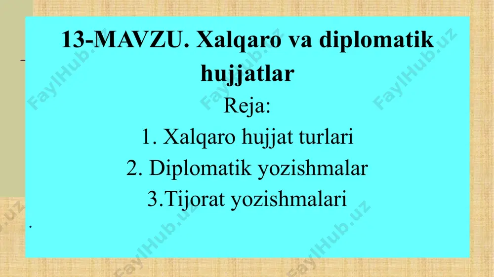 rgan bayonnomasi memorandum muhim shaxsiy protokollashtirilgan masalalar bo‘yicha yuboriladi, unda rasmiy yozishmalar va muzokaralarda ko‘rsatilgan masalalarni hal qilishga qaratilgan iltimoslar qayta eslatiladi shaxsiy xat biror muhim masala yuzasidan axborot beruvchi oliy darajadagi hujjat. nota – esdalik yozishmalari. qabul qilingan xalqaro shartnomalar, bitim va muzokaralar yuzasidan kengaytirilgan ma’lumot beruvchi hujjat qaydnoma. unda ishtirok etdilar, kun tartibi, eshitildi, so‘zga chiqdilar, qaror qilindi qismlari, majlis raisi, kotibi kabilar bo‘lmaydi. ilova xat kelishilayotgan shartnomalar muddatini belgilash yoki o‘zgartirish haqida xabar beriladi. bayonot biror mamlakatning davlat ahamiyatiga ega masalalar yuzasidan bo‘lgan murojaatnoma. biror mamlakatning davlat ahamiyatiga ega masalalar yuzasidan bo‘lgan murojaatnoma bayonot image8.jpg image9.jpeg image10.jpg image11.jpg image12.jpeg image13.jpg image14.jpeg image15.jpg image16.jpg image3.png /docprops/thumbnail.jpeg