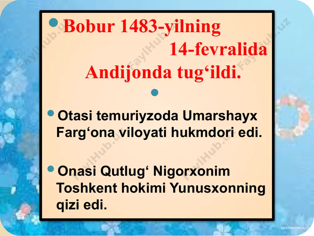 , a. keyzer tomonidan qisqartirilgan holda nemis tiliga (1828), pave de kurteyl tomonidan to‘la holda fransuz tiliga (1871) tarjima qilingan. n. i. ilminskiy qozonda nashr ettirdi (1857). m. sale rus tiliga to‘la tarjima qilib, 3 marta (1958, 1982, 1993) nashr ettirdi… p. shamsiyev va s. mirzaevlar tomonidan «boburnoma»ning ikki jildli (1948) va bir jildli (1960) nashri chop etildi. istiqlol yillarida bobur haqida qomus yaratildi. memuar nima? "memuar" fransuzcha "esdalik" ma'nosini anglatadi. muallifning o'zi qatnashgan yoki ko'zi bilan ko'rgan real voqealar haqida hikoya qilingan asar memuar asar hisoblanadi. oybekning "bolalik", a. qahhorning "o'tmishdan ertaklar" asarlari memuarning namunalaridir. memuar asarlar bayon qilish shakli, zamoniy izchilligi jihatidan kunda-liklarga o'xshab ketsa, materialning tabiati, tasvirlanayotgan voqealarning haqqoniyligi, badiiy to'qimaning yo'qligiga ko'ra ilmiy asarlarga yaqin turadi. bilimingizni sinang! bobur necha yoshda 1-marta samarqandni egallaydi? bobur “xatti boburiy”ni kashf qilganda necha yoshda edi? boburning lirik merosi? bobur kimning qaysi asarini she’riy yo`l bilan tarjima qildi? “boburnomada” “baldan …