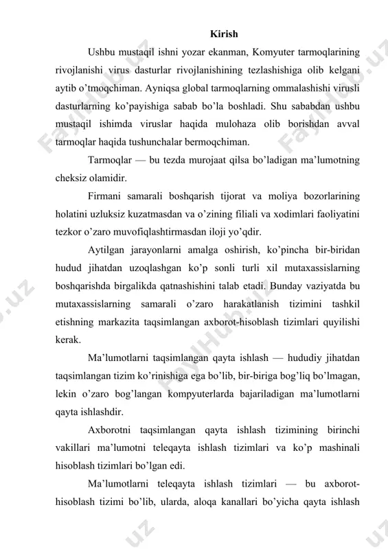 lib, unda kompyuterlar bir-biri bilan ma’lumotlarni almashish qurilmasi, xususan, aloqa kanallari bo’yicha bog’langan. aloqa kanallari bo’yicha bog’langanda gap ma’lumot-hisoblash tarmoqlari ustida yuritiladi. lokal kompyuter tarmog’i hududiy taqsimlanishi jixatidan kompyuter tarmoqlarini uch guruhga ajratish mumkin. 1. lokal tarmoqlar (lan–local area network), bir korxona, muassaning bir yoki bir nechta yaqin binolardagi ob‘ektlarni boglaydi. lokal tarmoqdagi kompyuterlar orasidagi masofa uncha katta emas, agar radiokanal aloqasidan foydalansa 20 kmni tashkil qiladi. lokal tarmoqda kompyuterlarni birlashtiruvchi sim (kabel) sifatida qalin koaksil, ingichka koaksil, juft-juft qilib o’ralgan (toking ring «vitaya para») optik to’qima (tola) simlari ishlatilishi mumkin. kompyuter tarmog’i maxsus operatsion tizim boshqaruvida ishlaydi. hozir ko’p ishlatilayotgan windows-xp, 7 8 operatsion tizimlari tarkibida lokal tarmoqda ishlash imkonini beruvchi dasturlar mavjud. lokal kompyuter tarmoqlari boshqa kompyuter tarmoqlari turlaridan quydagi xususiyatlari bilan farq qiladi: 1. o’zining o’lchamlari ; 2. axborot almashish texnologiyasi bilan; 3. topologiyasi (tuzilishi) bilan lokal kompyuter tarmog’ining o’lchamlari uncha katta bo’lmaganligi sababli, ular o’ziga xos …