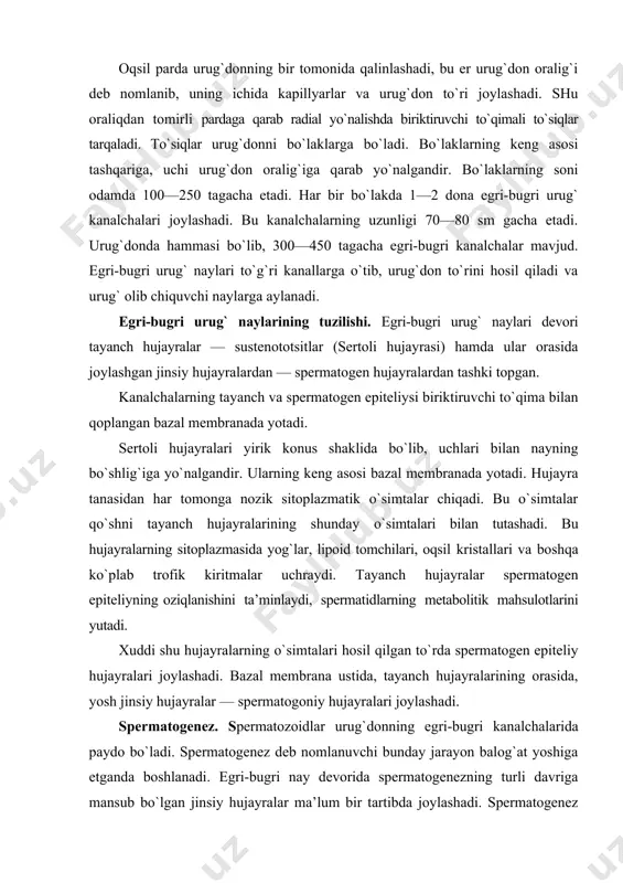 ujayralarining orasida, yosh jinsiy hujayralar — spermatogoniy hujayralari joylashadi. spermatogenez. spermatozoidlar urug`donning egri-bugri kanalchalarida paydo bo`ladi. spermatogenez deb nomlanuvchi bunday jarayon balog`at yoshiga etganda boshlanadi. egri-bugri nay devorida spermatogenezning turli davriga mansub bo`lgan jinsiy hujayralar ma’lum bir tartibda joylashadi. spermatogenez jarayoni 4 davrga bo`lib o`rganiladi: 1) ko`payish; 2) o`sish; 3) yetilish; 4) shakllanish. ko`payish davrida spermatogoniy hujayralari son jihatidan ortib boradi. ular spermatogen epiteliyning tashqi-periferik qavatini tashkil qiladi va bevosita bazal membrana ustida yotadi. bazal membranada yotgan hujayralar qavati bo`linadi, natijada, hujayralar soni ko`payadi va bu holat sig`ishmagan hujayralarning yuqori qavatga ko`tarilishiga olib keladi. bu hujayralar endi mitotik bo`linish qobiliyatini yo`qotadi va spermotogenezning keyingi o`sish davriga o`tadi. usish davriga o`tgan hujayralarning o`lchamlari osha boshlaydi. bu davr yirik birinchi tartibli spermatotsitlar hosil bo`lishi bilan xarakterlanadi. bu hujayralar egri-bugri nay devorida spermatogen epiteliydan keyingi ikkinchi qavatni egallaydi. yetilish davrining boshlanishi bilan birinchi tartibli spermatotsit ikkinchi tartbli spermatotsit (prespermatidlar) ga bo`linadi. yetilish davrining …