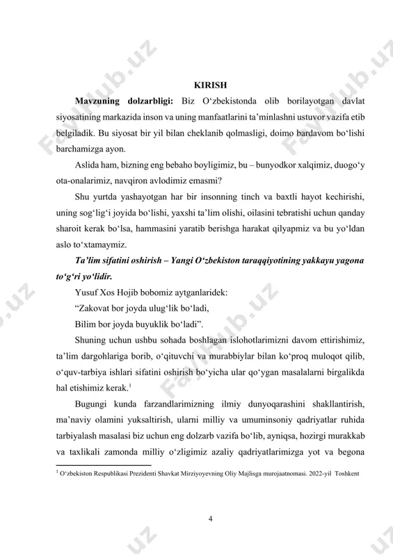 lsafa.fan.nom. ... diss. – t.: 2015. –b.160. ] dunyoqarashning shakllanishida jamiyatda ustuvor o'rin tutgan mafkuraviy g'oyalar va ularning mohiyatidan to'laqonli xabardor bo'lish o'ziga xos ahamiyatga ega. shu bois ta'lim muassasalarida yo'lga qo'yilayotgan ta'lim tarbiya, xususan, ijtimoiy-gumanitar va tabiiy fanlar asoslari mohiyati bilan o'quvchilarni tanishtirish jarayonida o'zbekiston respublikasining ijtimoiy hayotida bosh mezon sifatida e’tirof etilgan milliy istiqlol g'oyasi va mafkura mazmunida ilgari surilgan qarashlar xususida batafsil ma'lumotlar berib borish, ularga nisbatan o'quvchilarda muayyan munosabalar shakllantirish pedagogik jihatdan samarali yo'l hisoblanadi. kurs ishining maqsadi: o’quvchilarda iqtisodiy bilimlarni shakllantirish dolzarb muammo ekanligi asoslangan bo’lib, ta’lim-tarbiya jarayonida sharq mutafakkirlarining iqtisodiy tarbiyaga oid pedagogik qarashlaridan foydalanish zaruriyati izohlangan. shuningdek, maqolada mutafakkir olimlarning iqtisodiy tarbiyani tashkil etishga doir pedagogik fikrlari mazmuni tahlil qilingan. kurs ishining vazifasi: boshlang’ich sinf o’quvchilarining iqtisodiy bilimlarini shakllantirish zaruriyati, mazkur jarayonga xos pedagogik-psixologik xususiyatlar va ta’sir etuvchi omillar mazmuniga doir ma’lumot keltirilgan. shuningdek, ilmiy tadqiqot ishlari tahlili hamda o’quvchilarda ilk iqtisodiy bilimlarni …