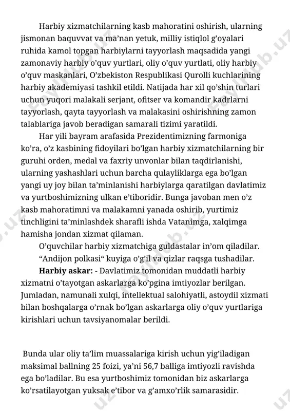 etadilar. xurshid davron so’zi, mustafo bafoyev musiqasi ostida yaratilgan “elim deb, yurtim deb yashagin bolam” qo’shig’ini ona siymmosida bir o’quvchi qiz musiqa jo’rligida ijro etadi. ustoz: - sahnaga harbiylar sulolasi vakillarini taklif qilamiz, marhamat! ota va o’g’ilcha harbiy kiyimda, mardonovor shaxdam qadam tashlab sahnaga chiqib kelishadi. o’quvchilar ota va o’g’ilga guldastalar taqdim etishdi. sahnaga o’g’il bolalar harbiy kiyimda chiqib, safar barnoyev so’zi, sayfi jalil musiqasi asosida yaratilgan “yosh askarlar” qo’shig’ini musiqa jo’rligida ijro etadilar. 1-suxandon: - ko’pchilik harbiy bo’lishni orzu qiladi. ular, albatta, jismonan chiniqqan, baquvvat bo’lishlari shart. buning uchun yigitlar yoshlikdan sport bilan shug’ullanishlari lozim. sahnaga musiqa sadosida turli musobaqalarda g’olib bo’lgan yosh sportchilar chiqib, o’zlari shug’ullanayotgan sport turiga oid mashqlardan ko’rsatadilar. 2-suxandon: - shuningdek, ular chiroyli husnixatga ega va savodli bo’lishlari kerak. sahnaga bir necha o’g’il bolalar taklif etilib, ular oldindan tayyorlab qo’yilgan joylarga o’tirishadi. besh daqiqa vaqt ichida ular chiroyli va mazmunli qilib o’z yaqinlaridan biriga xat …