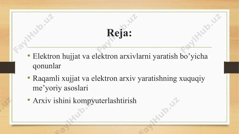 yo’riqnoma”. axborot resurslarining arxiv nusxalarini yaratish va ularni davlat saqloviga topshirish tartibi bo’yicha yo’riqnoma” (2007 yil 13 avgust). arxiv faoliyatida internet tarmog’idan foydalanish. markaziy davlat arxivlari elektron saytlari. elektron saytlarga ma’lumotlarni joylashtirish tartib-qoidalari. axborotlashtirish sohasini davlat tomonidan tartibga solish. elektron arxiv hujjatlarini ekspertiza qilish, saqlash va foydalanish tartib-qoidalari elektron arxiv hujjatlarini ekspertiza qilish tamoyillari. elektron hujjatlarni saqlash tartiblari. axborot resurslarining qimmatini ekspertiza qilish. axborot resurslarining arxiv nusxalarini yaratish tartibi. axborot resurslarining arxiv nusxalarini davlat arxivlariga topshirish tartibi. alohida kimmatli hujjatlarni elektron nusxasini yaratish va ularni saqlash xonasiga qo’yiladigan talablar. elektron arxiv hujjatlaridan foydalanish qoidalari. elektron hujjat va ma’lumotlarni qidirib topish. ma’lumotlarni boshqarish dasturi bilan ishlash. axborot resurslaridan foydalanish. axborot tizimlarining tarmoqlararo bog’lanishi. elektron hujjatlarga qayta ishlov berish talablari. elektron arxivlarni faoliyatini asosiy yo‘nalishlari qo‘yidagilardan iborat: -axborotsaqlashprinsiplariniishlabchiqish; -axborotni ximoya qilish; -axborotdan qayta foydalanishni faollashtirish; -ma’lumotlarni ta’riflash kriteriyalarini standartlashtirish; -texnik vositalar tomonidan o‘qiladigan fayllarni arxivlashtirish; -arxivlar va texnik vosita yordamida o‘qiladigan ma’lumotlarni …