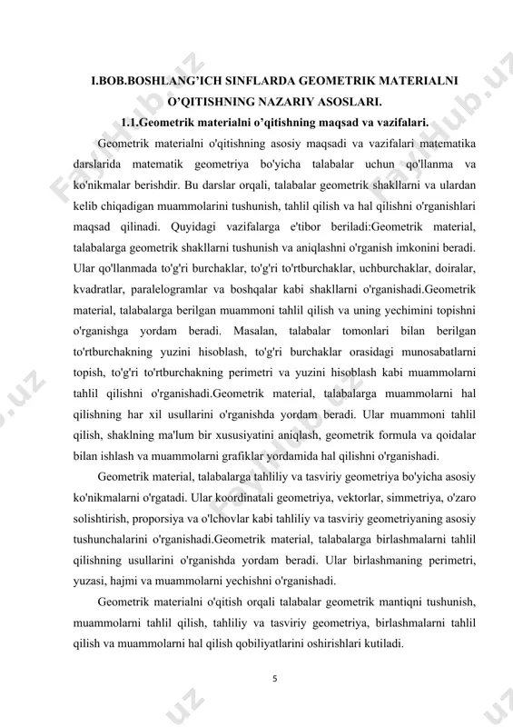 i tushunish, muammolarni tahlil qilish, tahliliy va tasviriy geometriya, birlashmalarni tahlil qilish va muammolarni hal qilish qobiliyatlarini oshirishlari kutiladi. geometrik materialni o'qitishning maqsadi va vazifalari matematikada geometriyaning o'rganilishi va tushunilishi bo'yicha talabalar uchun qo'llanma va ko'nikmalarni taqdim etishdir. uning asosiy maqsadlari va vazifalari quyidagilar bo'lishi mumkin.geometrik material, talabalarga geometrik tushunchalarni tashkil etishga yordam beradi. ular to'g'ri burchaklar, to'g'ri to'rtburchaklar, uchburchaklar, doiralar, kvadratlar, paralelogramlar kabi shakllarni o'rganishda yordam beradi. bu shakllarni tushunish talabalarga geometrik dunyo bilan bog'liq muammolarni tahlil qilishga imkon beradi.geometrik material, talabalarga berilgan muammolarni tahlil qilish va ularni yechishning usullarini o'rganishga yordam beradi. masalan, to'g'ri burchaklar orasidagi munosabatlarni topish, shaklning yuzini hisoblash, burchaklar, tomonlar, perimetr va yuzlar bilan bog'liq bo'lgan muammolarni hal qilishni o'rganishda yordam beradi.geometrik material, talabalarga geometrik qoidalar va formulalarni o'rganish imkonini beradi. ular qoida va formulalarni foydalanish orqali muammolarni hal qilish va hisoblash jarayonlarini tushunishga yordam beradi. misol uchun, to'g'ri burchaklar, to'g'ri to'rtburchaklar, doiralar, uchburchaklar uchun …