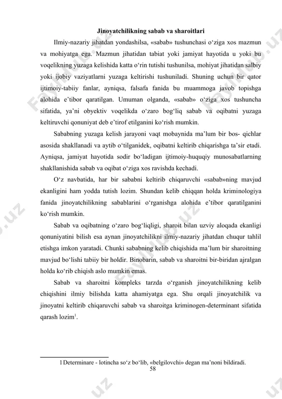 zim . ijtimoiy hodisalarni yuzaga keltiruvchi sabab va sharoitlar o‘ziga xos metodologik nuqtai nazardan tavsiflanadi hamda shu asosda jamiyat hayoti​da ro‘y berayotgan voqealarga baho berish mumkin. jumladan: a) sabab va oqibat qonuniyatining ikki - dinamik (doimiy hamda oqibatni to‘g‘ridan-to‘g‘ri keltirib chiqaruvchi) va statik (yuzaga kelishi mavjud bo‘lgan) shakllari mavjudligi; b) ijtimoiy determinant holatlarni tahlil etishda ma’lum bir tizimga xos bo‘lgan xususiyatlarni bilish orqali yondashish zarurligi. bu kabi yondashuv o‘rganilayotgan ijtimoiy voqelikni ham ichki, ham tashqi tomondan aniq tahlil etishga yordam beradi, ya’ni «jamiyatda», «ijtimoiy-iqtisodiy bos- qichda», «dunyo miqyosida» va h. k. v) ijtimoiy determinant holatlarni aniqlash orqali jamiyatda mavjud qarama-qarshiliklarning samarali yechimini topishga yordam berishi ; g) ijtimoiy voqeliklar jamiyatda mavjud bo‘lgan ijtimoiy guruhlar va shaxslar o‘rtasidagi o‘zaro turli munosabatlar tizimini ifodalashi bilan birga, aynan shu munosabatlarda shaxsning qiziqishlari va maqsadi bo‘lishini e’tiborga olish lozimdir. ana shunday ijtimoiy-psixologik holatlar jamiyat a’zolarida o‘zaro munosabatning shakllanishida katta omil hisoblanadi; d) ijtimoiy determinatsiya …
