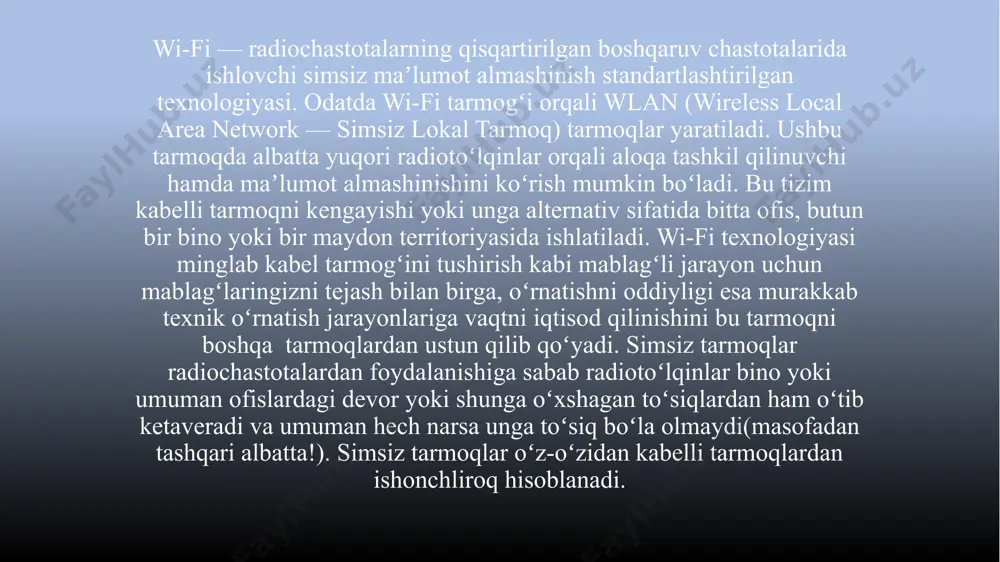 rni ham bajaradilar. wi-fi ulanishlari kirish nuqtasini talab qilmang ba'zi odamlar wi-fi ulanishlarini sozlash uchun ular yo'riqnoma, ommaviy hotspot yoki boshqa kirish nuqtasini topishlari kerak deb o'ylashadi. to'g'ri emas! wi-fi shuningdek, qurilmalar oddiy peer-to-peer tarmog'ida to'g'ridan-to'g'ri bir-biriga ulanish imkonini beruvchi hoc rejimi deb nomlangan ulanish turini qo'llab-quvvatlaydi. maxsus wi-fi tarmog'ini o'rnatish haqida batafsil ma'lumot. barcha wi-fi turlari mos emas sanoat sotuvchilari wi-fi ( 802.11 ) ning birinchi versiyasini 1997 yilda yaratdilar. 1999-2000 yildan boshlab, 802.11a va 802.11b standartlariga aylandi. ba'zi odamlar wi-fi tizimining boshqa barcha xavfsizlik sozlamalari bilan mos kelishiga qaramasdan, boshqa wi-fi tizimi bilan bog'lanishiga ishonishadi. 802.11n , 802.11g va 802.11b wi-fi standartidagi jihozlar bir-biriga ulanishi mumkin bo'lsa-da, 802.11a standarti boshqalar bilan mos kelmaydi. ham 802.11a va 802.11b (yoki undan yuqori) radiostantsiyalarni qo'llab-quvvatlaydigan maxsus wi-fi kirish nuqtalari ikkitasini o'zaro bog'lash uchun ishlatilishi kerak. agar wi-fi qurilmasini nostandart plenarlangan kengaytmalar yordamida quradigan bo'lsa, boshqa sotuvchilardan wi-fi- larning boshqa muvofiqligi masalalari …