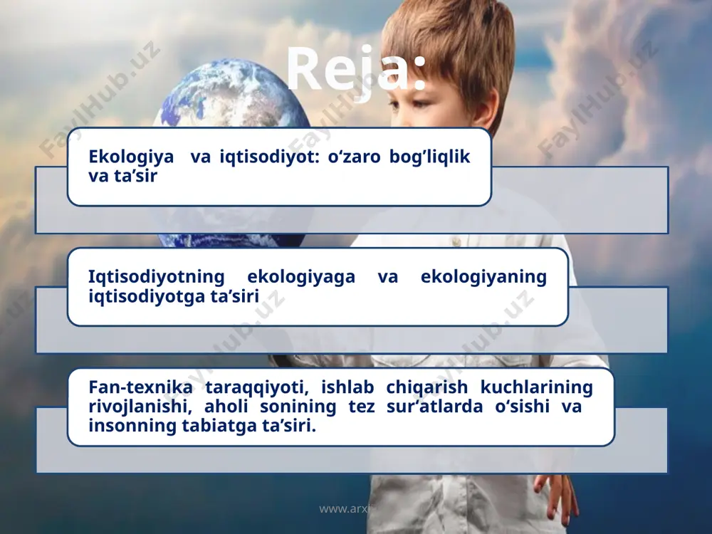 iradigan vositalar chegaralangan va noyob. binobarin, talab, ehtiyoj va moddiy ne’matlar o’rtasida juda katta farq mavjud. bu bir tomondan, makroiqtisodiyot bilan makroekologiyani birlashtiradi, ya’ni xo’jalikni nihoyatda bilib va oqilona tashkil qilish zarurligiga undaydi, ikkinchi tomondan, birlamchi tabiiy resurslarning o’rnini bosa oladigan (almashtira oladigan) sun’iy matyeriallarni izlash va amalda qo’llash ishtiyoqi kuchayib boradi bu bilan tabiiy resurslarni tejash, ikkilamchi boyliklardan keng miqyosda foydalanish, eng muhimi tabiiy resurslarning o’rnini bosa oladigan mahsulot (matyerial)larni ishlab chiqarish va amalda qo’llash g’oyasini hayotga tobora tezroq tadbiq qilish jadallashib boradi. bu muammoning qo’yilishi, echimi jarayonida va amalda tadbiq qilinishida iqtisodiyotning ahamiyati beqiyosdir. www.arxiv.uz dunyo bo’yicha yalpi ichki mahsulotning jami 32 % ini ekologik soha resurslari etkazib byerishi ma’lum. bizningcha, ekologik soha resurslarining iqtisodiyotni taraqqiy etishidagi roli istiqbolda yana ortib borishi kutiladi ishlab chiqarishning rivojlanishi va fan yutuqlarini sanoat hamda qishloq xo’jaligi sohalarida keng qo’llanilishi natijasida tabiat boyliklarining joylashuvi, ularning potentsial imkoniyatlari, qayta tiklash qobiliyatlari, o’z-o’zini tozalash …
