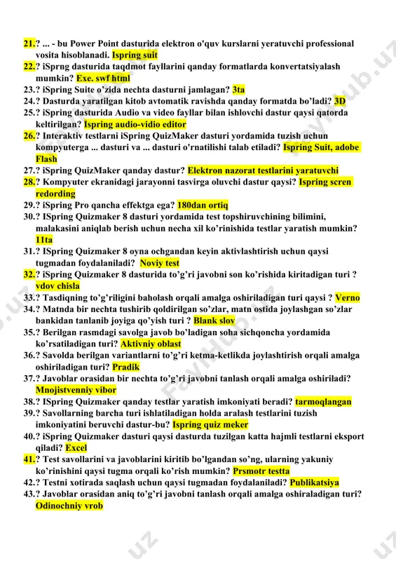 mpyuterda qanday dastur o'rnatilgan bo'lishi kerak? adobe flash player 17. ? ispring dasturi versiyalarini belgilang. ispring free, pro, prezinter, suit 18. ? ispring dasturi qanday dastur? powerpintda yaratilgan tqadimoqdan flash rolik shakllantiruvchi dastur 19. ? ispring dasturi qanday dastur? comp yordamida onlayn taqdimoqlar, elektron o’quv kurslarni yaratuvchi zaminaviy dastur 20. ? ispring dasturini uskunalari ... dasturining menyular satriga sozlanadi? powerpoint 21. ? ... - bu power point dasturida elektron o'quv kurslarni yeratuvchi professional vosita hisoblanadi. ispring suit 22. ? isprng dasturida taqdmot fayllarini qanday formatlarda konvertatsiyalash mumkin? exe. swf html 23. ? ispring suite o’zida nechta dasturni jamlagan? 3ta 24. ? dasturda yaratilgan kitob avtomatik ravishda qanday formatda bo’ladi? 3d 25. ? ispring dasturida audio va video fayllar bilan ishlovchi dastur qaysi qatorda keltirilgan? ispring audio-vidio editor 26. ? interaktiv testlarni ispring quizmaker dasturi yordamida tuzish uchun kompyuterga ... dasturi va ... dasturi o'rnatilishi talab etiladi? ispring suit, adobe flash …