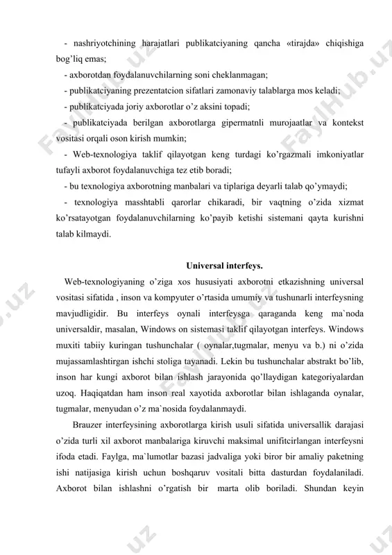 nli gipermurojaat ekranda boshqa rang yoki ostiga chizish bilan ajratiladi. · foydalanuvchi murojaatga sichkoncha yordamida ko’rsatsa, sichkoncha yunaltiruvchi chizigi ko’rsatkich barmoq ko’tarilgan qo’l ko’rinishiga kiradi. · html formatli hujjatni ko’rsatuvchi gipermurojaatni bosganda, brauzer avtomatik tarzda ishga tushadi va ekranda murojaat qilinayotgan web-sahifa paydo bo’ladi. ms office hujjatlariga murojaat qilinganda, mos holda dasturlar (word, excel, power paint va b.) ishga tushadi va hujjat ochiladi. boshqa tipdagi fayllarga murojaat qilinganda( masalan, arxivlar) faylni ochish yoki diskda saqlash taklifi bilan muloqot oynasi paydo bo’ladi. adabiyotlar . 1. a.levin "samouchitel rabotы na kompyutere", m. 1997. 2. n.v.makarova "informatika", uchebnik 6-7 klass. s.peterburg. 1998. 3.v.e.figurnov "ibm pc dlya polzovatelya" 6-e izdanie,moskva.1996