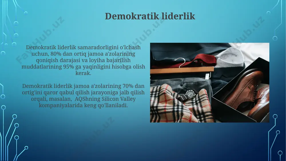 katlarida, masalan, saudiya arabistonida hali ham keng tarqalgan va ba'zi hollarda muvaffaqiyatli qo'llanilmoqda. avtoritar rahbarlar 10 dan ortiq odamdan iborat guruhlarda samaraliroq ishlaydi, ammo kichik jamoalarda muammolarga olib kelishi mumkin, chunki individual yondashuv etishmasligi ishga salbiy ta'sir qiladi. jamoa qurish samarqanddagi tadqiqotlar shuni ko'rsatdiki, motivatsion dasturlar jamoa qurishda muhim rol o'ynaydi, ular ish unumdorligini 15% ga oshiradi va ishdan bo'shatish darajasini 7% ga kamaytiradi. jamoa qurishda samarali lider 30% dan ortiq vaqtini jamoa a'zolari bilan aloqada, individual muammolarni hal qilishga, masalan, toshkentdagi kompaniyada 20 nafar xodimlar bilan ishlashga sarflaydi. liderning taʼsiri omillari liderning axloqiy-maʼnaviy fazilatlari, 7 ta asosiy koʻnikma va muloqot uslubi uning taʼsir doirasini kengaytirib, andijon viloyati kabi hududlarda ham samarali ishlash imkonini beradi. taʼlim darajasi va tajriba miqdori (masalan, 10 yildan ortiq tajriba) rahbarning muloqot uslubiga, qaror qabul qilishga taʼsiri va natijada uning jamoaga taʼsiri yuqori boʻladi. e'tiboringiz uchun rahmat @taqdimot_robot image3.jpg image4.jpg image5.jpg image6.jpg image7.jpg image8.jpg image9.jpg …