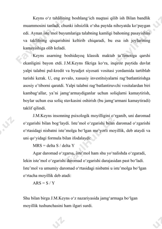 yalar jamg‘armalardan kam bo‘lsa, u holda yalpi talab taklifdan kam va milliy daromad kamaya boradi. agar investitsiyalar jamg‘armalarga teng bo‘lsa, yalpi talab taklifga teng va milliy daromad darajasi o‘zgarmay qoladi. multiplikator j.m.keyns investitsiyalarning ko‘payishi bilan milliy daromadning ko‘payishi o‘rtasidagi bog‘liqlikni tahlil qildi. investitsiyalarning ko‘payishi milliy daromadning o‘sishiga olib keladi va u qo‘yidagi formula ko‘rinishida ifodalanadi: d. y = d. i investitsiyalarning ko‘payishi va uning natijasida milliy daromad va aholining ish bilan bandligining o‘sishi maqsadga muvofiq iqtisodiy samara sifatida ko‘riladi. iqtisodiy samara multiplikator deb ataladi. multiplikator – bu son koeffitsiyenti bo‘lib, daromad o‘sishi bilan ushbu o‘sishni yuzaga keltirgan investitsiyalar o‘simi o‘rtasidagi nisbatni ifodalab beradi. multiplikator atamasini birinchi marta ingliz iqtisodchisi r.kan 1931 yili ishlatgan (ish bilan bandlik sohasidagi multiplikator). m = dy / d i, yoki m = 1/mrs multiplikator nazariyasiga ko‘ra, kishilarning jamg‘armaga bo‘lgan moyilligi qancha ko‘p bo‘lsa, multiplikatorning ahamiyati shuncha kam bo‘ladi. to‘la ish bilan bandlik sharoitida multiplikator amal …
