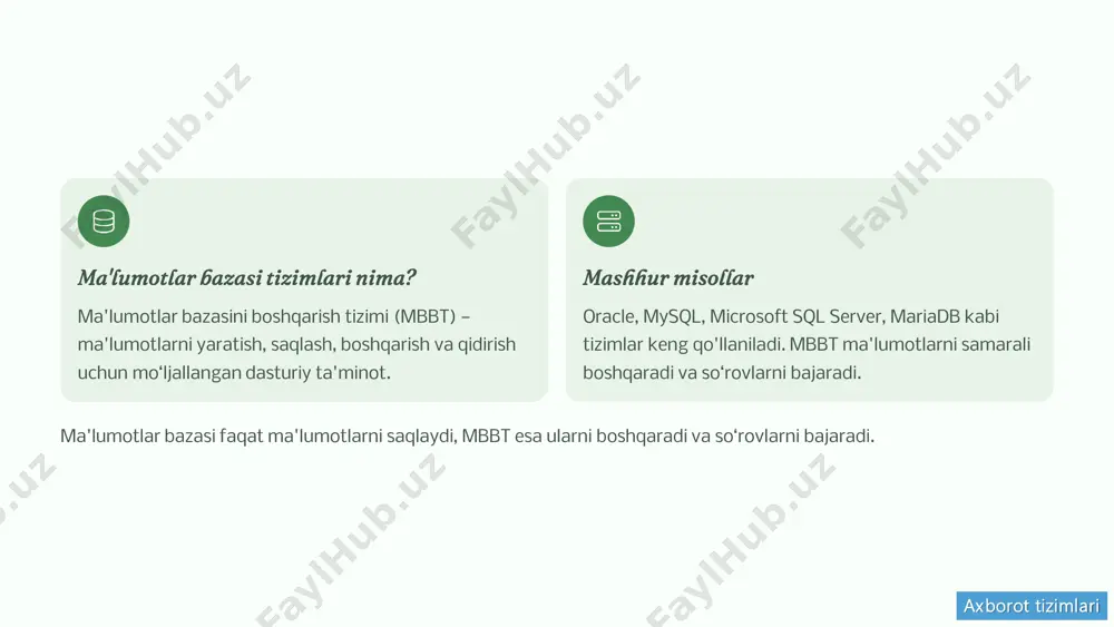 zkor ishlashni ta'minlash. bu kattalashtirilgan tizimlar uchun foydali. axborot tizimlari zamonaviy ai-yordamida avtonom ma'lumotlar bazasi boshqaruvi • sun'iy intellekt yordamida o‘z-o‘zini sozlash, so‘rovlarni oldindan optimallashtirish. • intellektual indekslash: mashina o‘rganish orqali indekslarni avtomatik tanlash va yangilash. misol: 2025 yilda ai-driven avtonom mbbt korxonalarda samaradorlikni 30% ga oshirdi. axborot tizimlari ma'lumotlar bazasi optimallashtirishda amaliy misollar 5x tezlashuv e-commerce platformalarida vaqt bo‘yicha bo‘linish (partitioning) orqali so‘rovlar 5 barobar tezlashdi. 40% vaqt qisqarishi moliyaviy tizimlarda indekslash va so‘rov optimallashtirish yordamida javob vaqti 40% qisqardi. optimal muvozanat katta foydalanuvchi bazasida ma'lumotlarni normalizatsiya va denormalizatsiya muvozanati saqlanmoqda. axborot tizimlari ma'lumotlar bazasi boshqaruvi va ommaviy xizmatlar • ommaviy xizmatlarda (bank, sog‘liqni saqlash, davlat xizmatlari) ma'lumotlar xavfsizligi va tezkorligi muhim. • ma'lumotlar bazasi optimallashtirish xizmatlarning uzluksizligini va mijozlar qoniqishini ta'minlaydi. misol: covid-19 pandemiyasi davrida sog‘liqni saqlash ma'lumotlari bazasining optimallashtirilishi qaror qabul qilishni tezlashtirdi. axborot tizimlari xulosa: ma'lumotlar bazasi tizimlari kelajagi ma'lumotlar bazasi tizimlari doimiy rivojlanmoqda: ai, kvant …