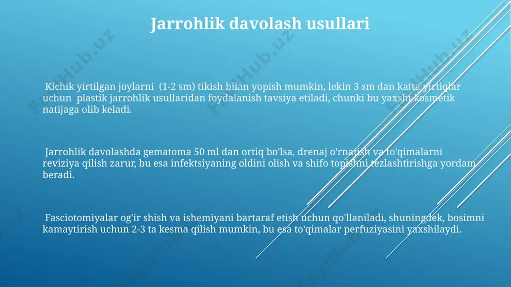 kabi qo'shimcha tasvirlash usullaridan foydalaniladi. asoratlar asoratlarning oldini olish uchun to'g'ri va o'z vaqtida tibbiy yordam ko'rsatish, shuningdek, jarohatning tozaligi va antiseptiklarning qo'llanilishi kabi 5 ta asosiy omil muhim hisoblanadi. yumshoq to'qimalarning yopiq shikastlanishlarida asoratlarning 30% gacha holatlarda kuzatilishi mumkin, bu esa asosan jarohatning og'irligiga va bemorning immun tizimining holatiga bog'liq. asoratlar orasida infektsiyalar (20-30%), gematomalar (10-15%) va to'qimalarning nekrozi (5-10%) kabi xavfli holatlar mavjud bo'lib, ular o'z vaqtida davolanishni talab etadi. regemerativ terapiya suyak toʻqimalarining regeneratsiyasi uchun 3 oydan 6 oygacha davom etadigan regenerativ terapiya kurslari qoʻllaniladi, natijalar esa individual ravishda farq qilishi mumkin. regenerativ terapiyaning samaradorligi hujayralar soni va ularning faolligi, shuningdek, bemorning yoshi va umumiy sogʻligʻiga bogʻliq boʻlib, oʻrtacha 80% muvaffaqiyat koʻrsatkichi kuzatiladi. regenerativ terapiya yordamida toʻqimalarning 70% gacha tiklanishiga erishish mumkin, bu esa jarrohlik aralashuvlar sonini sezilarli darajada kamaytiradi va bemorlarning tiklanish muddatini qisqartiradi. bemorlarni reabilitatsiya qilish to‘liq tiklanishga erishish uchun bemorlarga individual reabilitatsiya rejasi tuziladi, …
