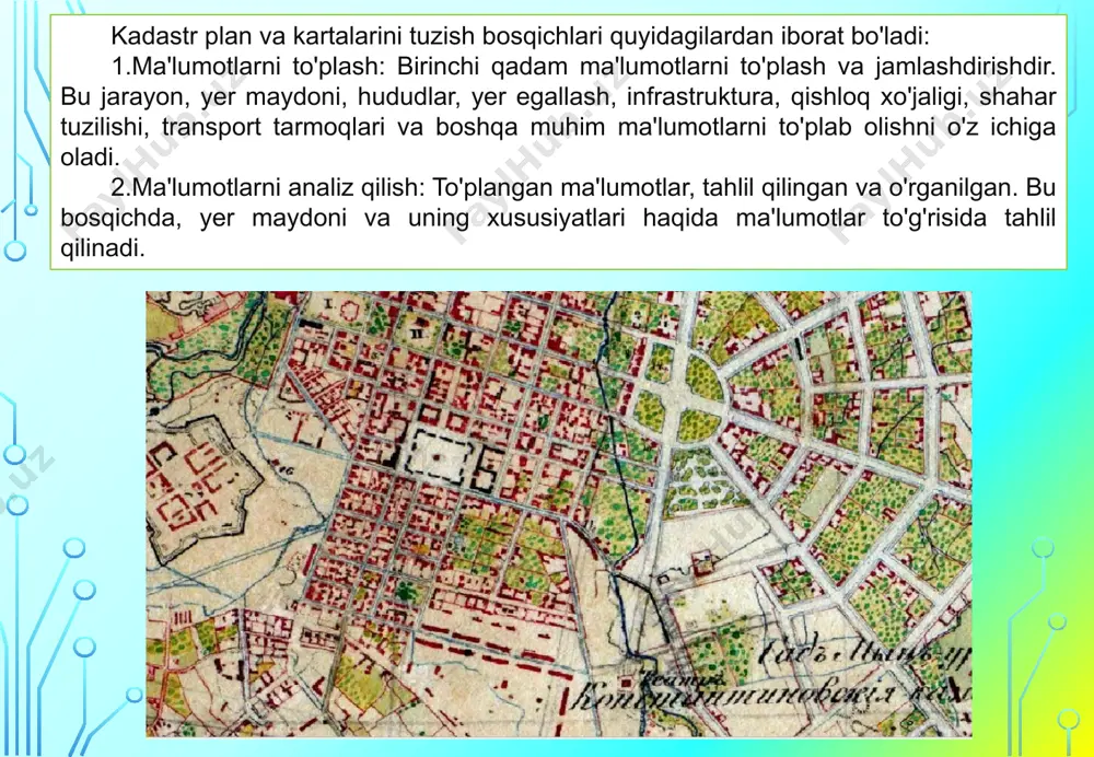 udlar, ranglar, tekstlar va boshqalar) tanlanadi. 3.shablon tanlash: xarita uchun mos keladigan shablon tanlanadi. shablon, xaritani qanday ko'rinishda yaratishni belgilaydi. 4.o'lchov: xaritaning o'lchovlari belgilanadi. bu, xaritani qancha katta yoki kichik ko'rsatish uchun muhimdir. 5.ranglar: xaritadagi ranglar tanlanadi va mos keladigan rang kombinatsiyalari belgilanadi. 6.matnlar: xaritada ko'rsatilishi kerak bo'lgan matnlar va yozuvlar tanlanadi va joylashtiriladi. xaritaning barcha elementlari joylashtiriladi va mos keladigan tartibda tuziladi. bu tartibni amalga oshirish, xaritani foydalanuvchilarga qulaylik bilan taqdim etish uchun juda muhimdir. germaniya aholini ro'yxatga olish kadastr xaritalarini yaratishda keng va samarali foydalanilgan. germaniyada kadastr xaritalari mulk huquqini aniqlash, yerdan foydalanishni rejalashtirish kabi turli maqsadlarda foydalaniladi. germaniyada kadastr xaritalari odatda juda batafsil va dolzarb bo'lib, mulk chegaralari, yerdan foydalanish, inshootlarning joylashuvi va boshqa muhim ma'lumotlarni o'z ichiga oladi. ushbu xaritalar davlatga mulk huquqlarini himoya qilish, yerdan foydalanishni tartibga solish va infratuzilma loyihalarini rejalashtirishda yordam beradi. germaniyada kadastr xaritalarini yaratish va yangilash uchun zamonaviy texnologiyalar, ekspert xodimlar …