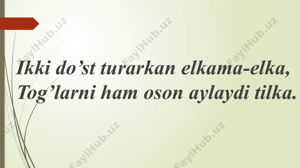 proeksiyalar tekisligi – h ga perpendikulyar bo‘lgan ∆ab1 da: katet a1 = a1 b1; katet b1 = zb-za = ∆z. frontal proeksiyalar tekisligi – vga perpendikulyar bo‘lgan ∆a11b11 da: katet a11 = a11b11; katet b11 = yb-ya = ∆y. 2.2-shakl profil proeksiyalar tekisligi – w ga perpendikulyar bo‘lgan ∆ab111 da: katet b111 = a111b111; katet a111 = xb-xa = ∆x. proeksiya tekisliklarida esa gipotenuzalari kesmaning haqiqiy uzunligiga teng bo‘lgan to‘g‘ri burchakli uchburchaklarning birinchi katetlari chiziqcha a1b1, a11b11, a111 b111va ikkinchi katetlari - ∆z, ∆y, ∆x lar mavjud. demak, kesmaning haqiqiy uzunligi va uning h,v,w – proeksiya tekisliklariga og‘ish burchaklari α, β, γ ni quyidagicha yasash mumkin. buning uchun epyurda (2.2-shakl) kesmaning gorizontal, frontal va profil proeksiyalaridan foydalanib, to‘g‘ri burchakli ab1, ab11, ab111uchburchaklariga teng uchburchaklar yasash kerak shuning uchun bu usul to‘g‘ri burchakli usuli deyiladi. epyurda a11nuqtadan ox ga parallel qilib o‘tkazilgan chiziqning b1 b11 – proeksion bog‘lanish chizig‘i bilan kesishgan …