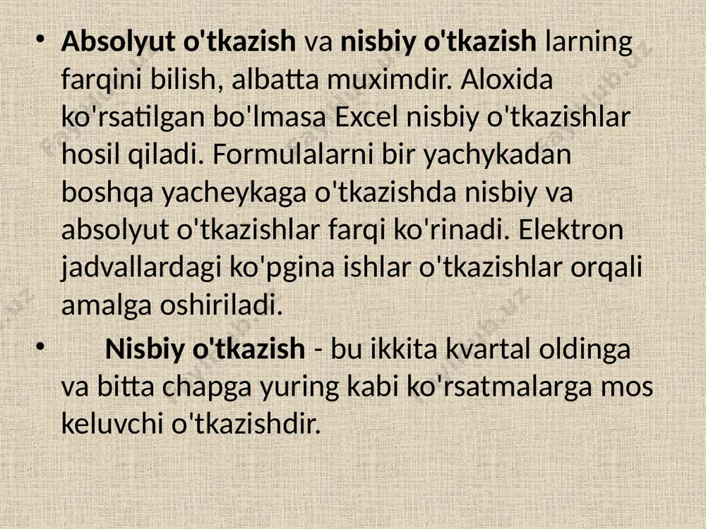 atnlarni qayta ishlashda, hamda yacheykadagi boshqa formulalar yacheykada qiymatlarni xisoblashda ishlatiladi. sonlar va matnlar . formuladagi xisoblashlarda qatnashayotgan sonlar va matnlar boshqa yacheykalarda joylashgan bo'lishi mumkin bo'lsada ularning ma'lumatlarning oson almashtirish mumkin. masalan: excel boshlang'ich ma'lumotlar o'zgartirilsa, formulalarni qayta xisoblab chiqadi. formula quyidagi elementlardan ixtiyoriysini o'z ichiga olishi mumkin: operatorlar. bittadan oshiq operatorlardan tuzilgan formulani tuzishda excel ularni taxlil qiladi. bunda standart matematik qoidalarga asoslanadi. (arifmetik amallarni bajarish tartibi saqlanib qoladi). diapazon va yacheykalarga yuborish kerakki ma'lumotlarini saqlovchi diapozon va yacheykalar nomi yoki manzili ko'rsatiladi. masalan: d10 yoki a1:e8 agar formula yacheykaga kiritilsa, unda yacheykada kiritilgan formula asosidagi xisob kitob natijasi ko'rinadi. lekin formulaning o'zi tegishli yacheyka faollashtirilsa formulalar qatorida paydo bo'ladi. formulalar xar doim «=» belgisi bilan boshlanadi. ushbu belgi yordamida excel matn va formulalarni farqlaydi. 10 yacheykaga formulalarni kiritishning ikkita usuli mavjud: formulani klaviatura orqali kiritish. «=» belgisini qo'yib, keyin formulalar kiritiladi. formulalarni kiritishda odatdagi taxrirlash tugmalaridan foydalanish …