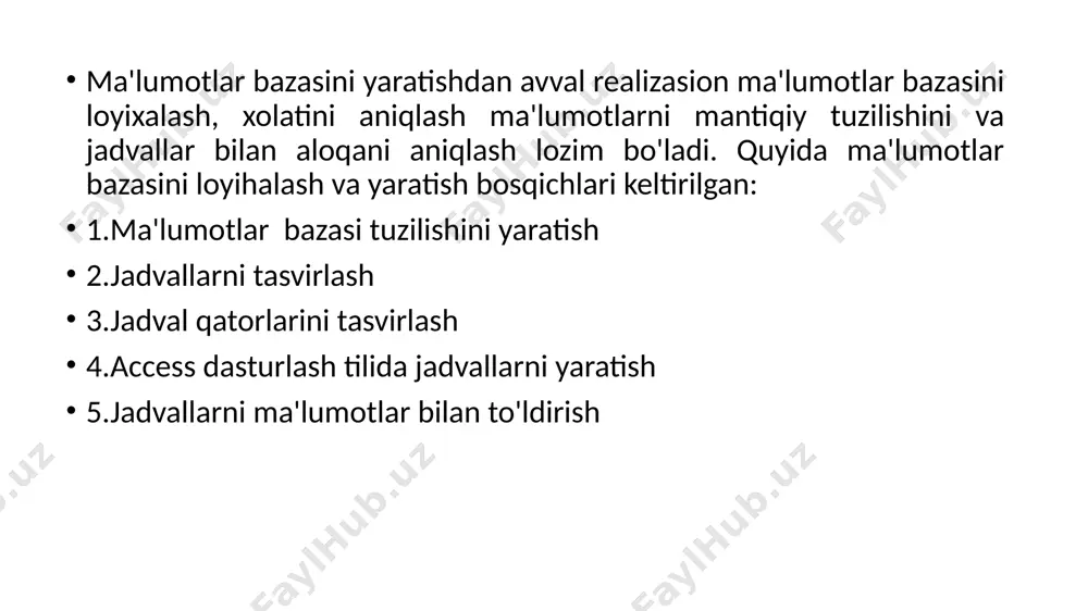 жим qisimiga qaytib biz jadvallarimizga ma'lumotlar kirishimiz mumkin. misol uchun talaba jadvaliga qo'yidagi ko'rinishga o'xshash tarzda . jadvalga ma'lumotlar kiritilgan holat guruh jadvalidan biz hohlagan guruhimizga kirishimiz mumkin. guruhlar jadvali + bossak quyidagi ko'rinish hosil bo'ladi. 50-guruh + ochilgandagi holat. shu tarzda men bir nechta jadvallarni hosil qildim. ular quyidagilar: barcha yaratilgan jadvallar royhati like so'rovini yaratish misol uchun “abduraimjonov” familyadagi talabalarni topib bersin. familyani kiritib ok tugnasini bosganimizdan so'ng quyidagi ko'rinish hosil bo'ladi. ya'ni shu yillar oralig'idagi talabalarni ko'rsatadi. shu tarzda men bir nechta запросlarni yaratdim. ular quyidagilar: yaratilgan so'rovlar ma'lumotlar bazasi uchun kerakli formalar hosil qilish. men microsort access dasturida bir nechta formalar yaratdim. formani ikki usul orqali yaratishimiz mumkin eng oson usuli maстер форм orqali yaratish. maстер форм ga kirganimizda qo'yidagi oyna hosil bo'ladi: yangi forma yaratish talaba jadvalining forma holati . ya'ni biz oldin yaratgan jadvallarimiz va so'rov tizimlarimiz namoyon bo'ladi. biz misol uchun talabalar jadvalini …