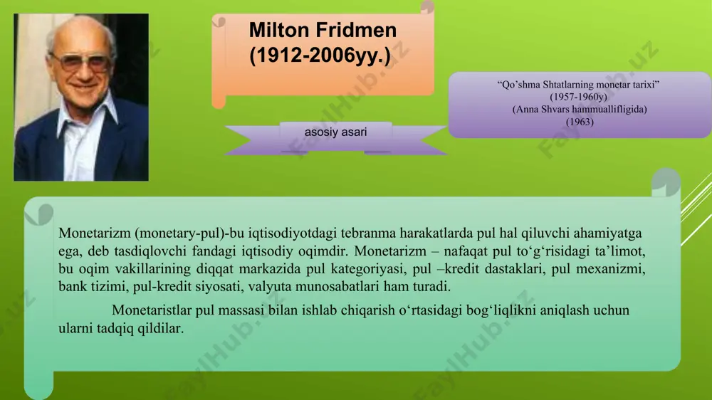 diradi. ayirboshlash tenglamasidan m=p·q/v kelib chiqadi; agar pulning aylanish tezligi (v) bir xil bo‘lsa, unda muomaladagi pul miqdori nominal yaim miqdoriga to‘g‘ri mutanosiblikda bo‘ladi. i.fisher tenglamasiga ko‘ra, v va q bir xil (doimiy) bo‘lganda pul taklifining o‘zgarishi bahoga bevosita ta’sir ko‘rsatadi: pul taklifi ko‘payganda, uning sotib olish qobiliyati pasayadi, ya’ni baho oshadi; lekin pul taklifining ko‘payishi yaim miqdorining ko‘payishi bilan birga olib borilsa, unda baho oshmaydi. - pul siyosati pulga bo‘lgan talab va taklif o‘rtasida muvofiqlikni ta’minlashga yo‘naltirilgan bo‘lishi kerak. - pulning o‘sish sur’atini tanlashda fridmen pul massasining «mexanik tarzda» o‘sish qoidasini kiritishni taklif qiladi, unga ko‘ra pulning bunday o‘sish surati (foizda) uzoq muddat uchun yaim o‘rtacha yillik o‘sish sur’atiga (foizda) plyus kuzatiladigan inflyatsiyaning o‘rtacha yillik sur’atiga (foizda) teng bo‘lishi kerak; m. fridmenning «pul qoidasi»ning o’ziga xos xususiyatlari - fridmen pul massasining o‘rtacha yillik o‘sish sur’atini 3-5 foiz qilib belgilashni taklif qiladi. buning uchun real yaim o‘sishi 3 foizni tashkil …