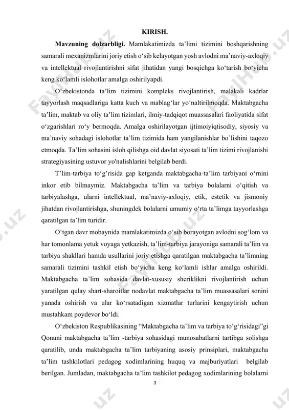kasi maktabgacha ta’lim tizimini 2030-yilgacha rivojlantirish konsepsiyasi” qabul qilindi. konsepsiya o‘zbekiston respublikasida maktabgacha ta’limni rivojlantirishning maqsadlari, vazifalari, ustuvor yo‘nalishlari, o‘rta va uzoq muddatli istiqboldagi bosqichlarini belgilaydi hamda maktabgacha ta’lim sohasini rivojlantirishga yo‘naltirilgan dasturlar va kompleks chora-tadbirlarni ishlab chiqish uchun asos bo‘ladi. konsepsiyada ta’lim-tarbiya jarayonini takomillashtirish bolalarning rivojlanganligi darajasini va ularning umumiy boshlang‘ich ta’limga tayyorligini, shuningdek, ularning ijtimoiy, shaxsiy, hissiy, nutqiy, jismoniy va ijodiy rivojlanishini baholash asosida amalga oshirilish belgilandi. maktabgacha ta`lim yoshi bolaning mustaqil shaxs sifatidaajralib chiqishi bilan tavsiflanadi, unda xarakter, fikr, qarashlar shakllanadi. maktabgacha yoshdagi bola kattalar bilan munosabatlarda boshqa davrlarga nisbatan bir qadam yuqorida bo‘ladi. u o‘zini jamiyatning alohida bo‘linmasidek his qiladi. bu paytda uni o‘z vazifalari, oilada o‘rnatilgan tartib-qoidalar bilan tarbiyalash kerak. 3-4 yoshli bolalarning bugungi kunga qadar aksariyati, bugun esa deyarli barchasi bolalar bog‘chasiga borishadi, bu bilan ular tengdoshlari, o‘qituvchilari bilan aloqa qiladigan joyda bo‘lishadi. maktabgacha yoshdagi bolalarga ta’lim-tarbiya berish va rivojlantirish maktabgacha pedagogikaning asosiy funksiyasi …