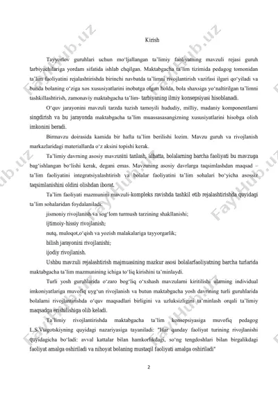 tayyorlov guruhlari uchun mavzuli ta’limiy faoliyat rejasi (tematik reja) — PDF