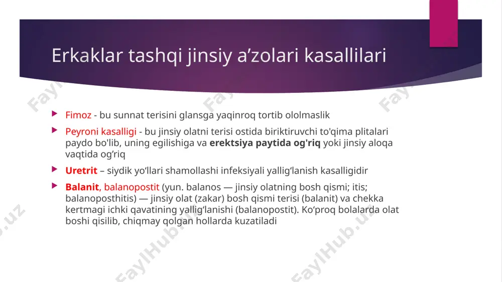 l ko'pincha erkaklarning bepushtligi tashxisida topiladi, chunki moyaklar qon bilan ta'minlanishining buzilishi sog'lom sperma shakllanishini buzadi. erkaklarda bepushtlik holatlarining 40% sababi varikotseldir. skrotum tomirlarining kengayishi spermatogenez jarayonini buzadi. epididimit (yun. moyak ortigʻi) — moyak ortigʻining yalligʻlanishi. infeksiya kirishi yoki yorgʻoqqa shikast yetishi sabab boʻladi. prostatit — prostota bezinnnt yalligʻlanishi. koʻpincha siydik chiqarish kanali (uretra) yalligʻlanganda, soʻzak, uretrit va boshqalarda infeksiya prostata beziga qon va limfa orqali yoki siydik chiqarish kanalidan oʻtishi na-tijasida kelib chiqadi. prostatitga sovqotish, koʻp jinsiy aloqa qilish, zax joyda oʻtirish, kam harakat qilish kabi omillar sabab boʻlishi mumkin. prostata bezi adenomasi -yoshi ulgʻaygan erkaklarda prostata bezining kasallanib, oʻsmasimon (xavfsiz) kattalashuvi. prostata bezi adenomasia. sekin rivojlanadi, dastlabki belgisi tez-tez va, ayniqsa, tunda zahartang qilishidir; avvaliga siydik ingichkalanib tusha-di va uzoqqa bormaydi. bemor goʻyo oyogʻi orasiga siygandek boʻladi. vaqt oʻtishi bilan bu holat kuchayadi: siydik tomchilab keladi, baʼzan toʻliqtutilib ^lishi ham mumkin prostata bezi saratoni – prostata bezida hosil …