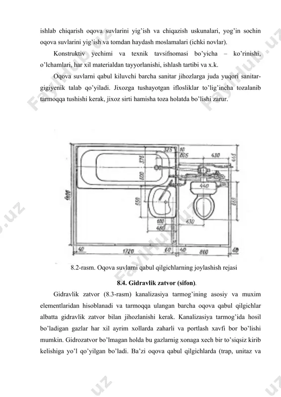 suv tezligi, m/s u quvur ko’rinishdagi reviziyali diametri 50 mm li chuyan gidrozatvorlar sifonlar keng tarqalgan. keyingi yillarda plastmassa butilkali sifonlar ham ishlatila boshlandi. 8.3-rasm. gidrozatvorlar tasviri a) vanna uchun; b) reviziyali; v) to’g’ri reviziyali; g) plastmassadan 8.5. yuvish qurilmalari. sanitar jixozga tushgan iflosliklarni ketkazish va suvni jixoz chashasiga haydash uchun yuvish bachkalari va kranlar ishlatiladi. yuvish suvi katta tezlikdagi oqim bilan yuvish bachkalari yoki krandan sanitar jixozning chashasiga kelib tushadi. oqimning kerakli kinetik energiyaga ega bo’lgan bir qismi iflosliklarni yuvadi va gidravlik zatvor orqali kanalizasiya tarmog’iga olib ketadi, ikkinchi qismi esa jixozning yon tirqishlari yoki teshikchalari orqali utib jixozning ichki devorlari sirtini yuvadi, chayqaydi. hisob bo’yicha sanitar jixozning samarali ishlashi uchun bitta yuvishga 6,5….7,5 l suv talab etiladi. yuvish bachkalarini (8.4-rasm) joylashishiga, ishlash usuli va konstruksiyasiga qarab guruhlarga ajratish mumkin. yuvish bachkalarining joylashish joyiga qarab: yuqori o’rnatilgan, o’rtacha va past joylashgan. yuvish bachkasi bilan bevosita birlashtirilgan unitaz «kompakt» deyiladi. …
