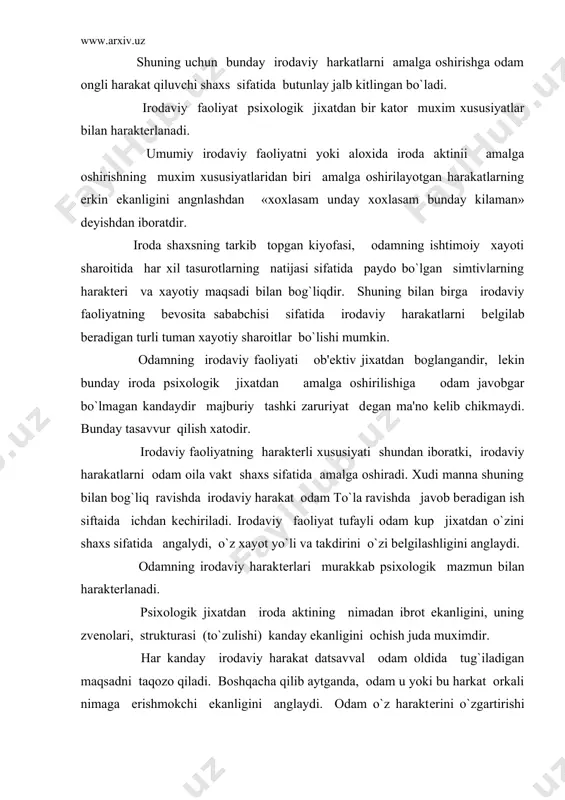 har kanday irodaviy harakat datsavval odam oldida tug`iladigan maqsadni taqozo qiladi. boshqacha qilib aytganda, odam u yoki bu harkat orkali nimaga erishmokchi ekanligini anglaydi. odam o`z harakterini o`zgartirishi lozimligini, kandaydir extiyojlarni kondirish keraqligini va shuning kabilarni anglaydi. odam muayyan maqsadga intilayotganini, uning belgilangan maqsadini kulga kiritishga nima majburp qilishini tushuntirish harakat motivlaridir. odatda odamning oldida u yoki bu xildagi jalb qilish xususiyatiga ega bo`lgan turli maiqsadlar paydo bo`ladiyu odamga bu maqsadlarni tanlashga, ularning ma'kulligi yoki noma'kulligini, uning xozirgi xayoti uchun yoki xayotining ancha o`zok boskichlari uchun axamiyati baxolashga va xozirgi payt uchun eng muxitm hamda eng keraqli xisoblanganini ajratishga to`g`ri keladi. kishida muayyan maqsadga erishish itsagi tug`iladi. masalan kasbni o`zgartirish, ukishga kirish. bilan shu munosabat bilan irodaviy harakatning muxim boskichi, ya'ni kuyilgan mmaqsadga kanday erishishni unga erishish yo`llari kanday bo`lishni, kanday harakatlar bu maqsadga olib borishini uylash boskichi paydo bo`ladi bunday uylavb ko`rishda ba'zan u yoki bu yo`lning maqsadga muofikligini …