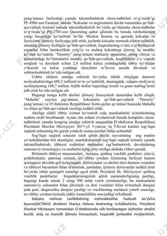 ish materiallari ishlab chiqarish va boshqa yo‘nalishlarda yangi zamonaviy ishlab chiqarish quvvatlari tashkil etish yangi ish o‘rinlari yaratilishiga zamin yaratadi. “mehnat migratsiyasi to‘g‘risida”gi o‘zbekiston respublikasi qonuni. qonun mehnat migratsiyasi siyosatining asosiy ynalishlari, fuqarolarning chet ellarda ishga joylashtirishning mexanizm va shakllari, mehnat migrantlari bilan ishlash sohasidagi davlat diplomatik vakolatxonalarning asosiy faoliyat yo‘nalishlari, chet ellarda ishga joylashtirishning mexanizm va shakllari, mehnat migrantlari bilan ishlash sohasidagi diplomatik vaolatxonalarning asosiy faoliyat yo‘nalishlari, chet elda o‘zbekiston fuqarolarining shaxsiy xavfsizligini ta'minlash va ularning ijtimoiy himoyasi masalalarini qamrab oladi. “aholi bandligiga ko‘maklashish nodavlat tashkilotlari (rekruting agentliklari) to‘g‘risida”gi qonuni. qonunda mehnat bozori infratuzilmasini oshirish, aholi bandligini ta'minlash imkoniyatlarini, aholi daromadlari va turmush darajasini oshirishga xizmat qiladi. aholini ijtimoiy himoya qilish va sog‘liqni saqlash tizimini takomillashtirish, ayol-qizlarning ijtimoiy-siyosiy faolligini oshirish. o‘zbekistonni rivojlantirish strategiyasida aholini ijtimoiy himoya qilish va sog‘liqni saqlash tizimini takomillashtirish, ayol-qizlarning ijtimoiy-siyosiy faolligini oshirish ustuvor yo‘nalishlardan biri sifatida belgilangan. mamlakatimiz taraqqiyotining bugungi bosqichida ijtioiy sohaning aholiga majburiy …