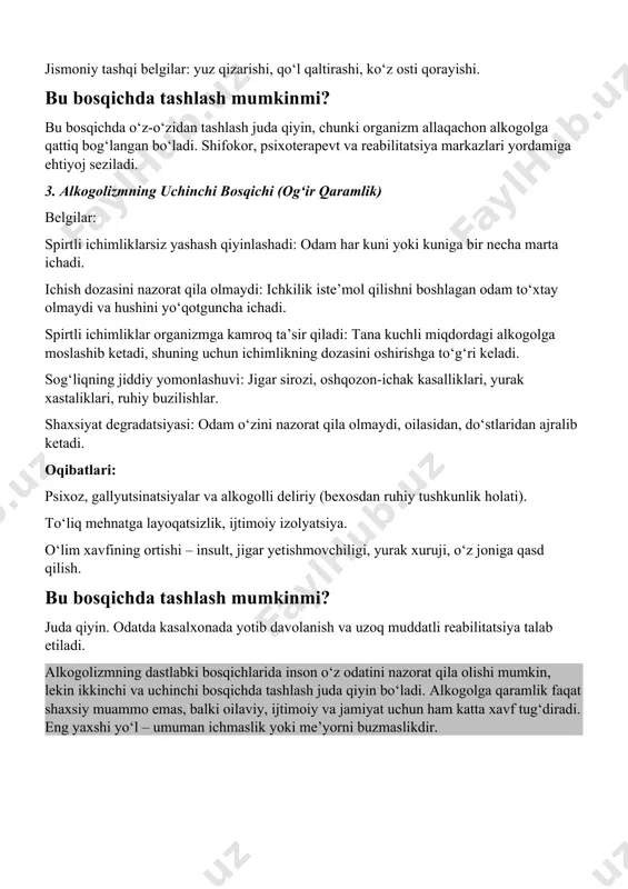 lt, jigar yetishmovchiligi, yurak xuruji, o‘z joniga qasd qilish. bu bosqichda tashlash mumkinmi? juda qiyin. odatda kasalxonada yotib davolanish va uzoq muddatli reabilitatsiya talab etiladi. alkogolizmning dastlabki bosqichlarida inson o‘z odatini nazorat qila olishi mumkin, lekin ikkinchi va uchinchi bosqichda tashlash juda qiyin bo‘ladi. alkogolga qaramlik faqat shaxsiy muammo emas, balki oilaviy, ijtimoiy va jamiyat uchun ham katta xavf tug‘diradi. eng yaxshi yo‘l – umuman ichmaslik yoki me’yorni buzmaslikdir. alkogolli psixozlar alkogolli psixozlar – uzoq muddat spirtli ichimliklarni suiiste'mol qilish natijasida rivojlanadigan ruhiy buzilishlar bo‘lib, ular insonning aqliy faoliyati, hissiy holati va xulq-atvoriga salbiy ta'sir ko‘rsatadi. ushbu holatlar odatda alkogolizmning ii–iii bosqichlarida kuzatiladi. alkogolli psixozlarning turlari 1. alkogolli deliriy ("oq alahlash") belgilar: uyqusizlik, bezovtalik, qo‘rquv hissi, ko‘rish va eshitish gallyutsinatsiyalari (masalan, hasharotlar yoki hayvonlarni ko‘rish), ongning chalkashishi. davolash: shoshilinch tibbiy yordam, statsionar sharoitda detoksikatsiya, tinchlantiruvchi va antipsikotik dorilar qo‘llaniladi. 2. alkogolli gallyutsinoz belgilar: asosan eshitish gallyutsinatsiyalari (ovozlar eshitish), ta'qib qilinayotganlik …