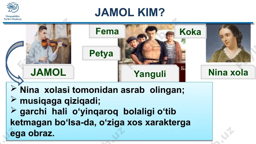 ilish jоyidа dеngiz to‘lqinlаri bir bоlаning jаsаdini sоhilgа chiqаrib tаshlаbdi. * mustaqil bajarish uchun topshiriqlar: darslikdagi “hellodos” hikoyasini o‘qing. 2. nima uchun yanguli “jamolga onangni yaxchi ko‘raman” deb baqirdi? fikringizni bayon eting. 3. asardagi biror qahramonga xat yozing.