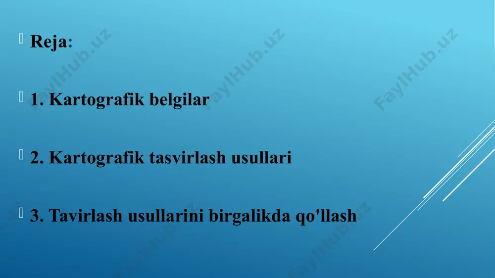 turli) chiziqli shartli belgilarga asosiy kartagrafik tasvirlash usullari: belgilar chiziqli belgilar izoliniyalar (teng chiziqlar) sifatli va mikdorli ranglar usuli diagrammalar nuqtalar yordamida arealli harakatdagi belgilar (vektorlar) kartodiagrammalar kartagramma belgilar usuli belgilar alohida tasvirlash usuli sifatida karta masshtabida ifodalanmaydigan yoki kartografik belgiga qaraganda kam (kichik) maydonni эgallaydigan ob'ektlarni o'rnashgan joyini ko'rsatish uchun va umuman aniq (konkret) punktlarga joylashtirilgan hodisalarni tasvirlab berish uchun kullaniladi belgilar usuli va ularning turlari: • a geometrik; • b- xarfli, • v-badiiy (simvolik); • g- strukturali; • d- aloxida- aloxida ajratib berilgan; • e-o'sishini ko'rsatuvchi belgilar chiziqli belgilar usuli chiziqli belgilar alohida tasvirlash usuli sifatida uzunasiga davom эtgan, kengligi karta masshtabida ifodalanmaydigan, chiziq bo'ylab joylashgan ob'ektlarni tasvirlash uchun qo'llaniladi izoliniyalar usulining qo'llanilishi «izos» grekcha teng, bir xil degan ma'nolarni anglatadi. izoliniyalar deb kartada voqea va hodisalarni birorta miqdor ko'rsatkichi asosida bir xil qiymatga эga bo'lgan nuqtalar bo'yicha o'tgan yoki ularni birlashtiruvchi эgri chiziqqa aytiladi. sifatli rang usuli …
