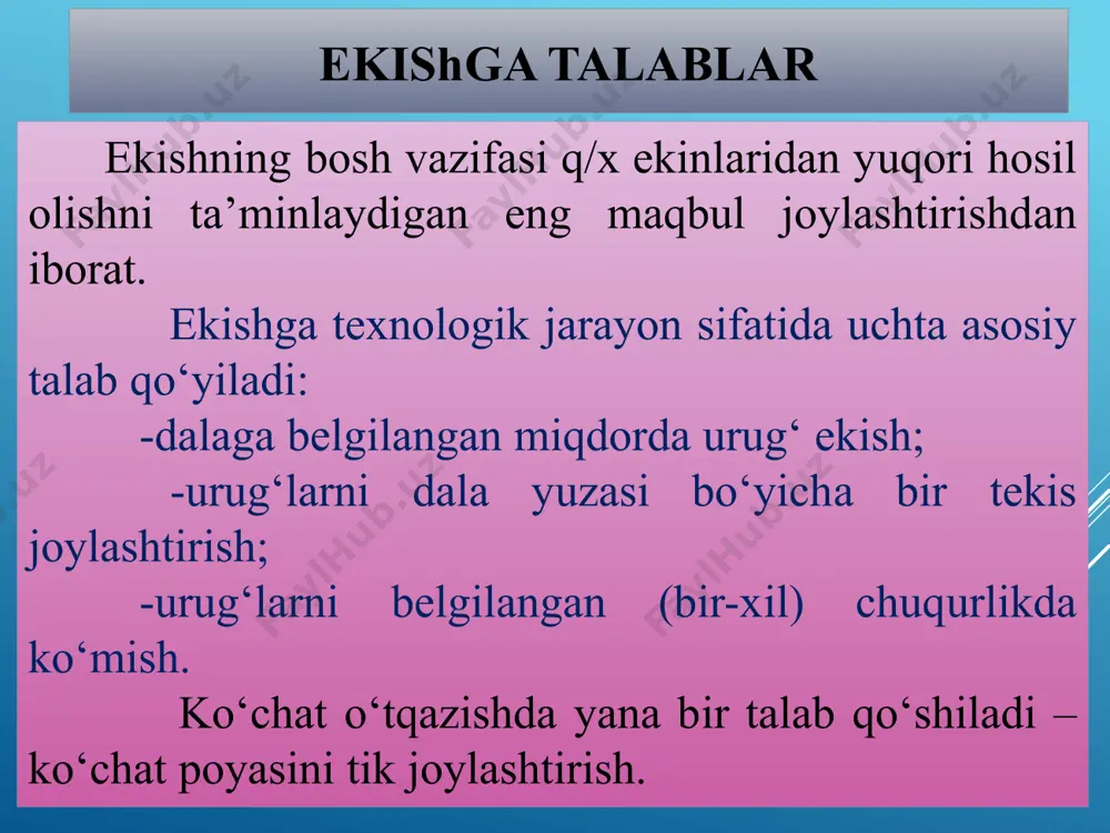 rasm) - qator oralig‘i keng, ya’ni 30, 45, 70 sm va katta bo‘lgan qatorlab ekish. bu chopiq ekinlariga mexaniza-siyalashgan usul bilan ishlov berishga imkon beradi. tasmasimon ekish (d-rasm) - keng qatorlab ekishning bir turi bo‘lib sabzovot, kanop va chigit ekish uchun qo‘llaniladi. urug‘lar tasmadagi ikki yoki uch qatorda ekiladi. tasmadagi qatorlar orasi 5, 8, 10 va 32 sm, tasmalar orasi kamida 60 sm. donalab ekish (ye-rasm) - bu 45...90 sm oraliqda joylashgan qatorlarda urug‘larni bir-biridan bir xil masofada joylashtirib ekish. texnik o‘simliklarni donalab ekish hosildorlikni oshishini ta’minlaydi, urug‘larni ancha iqtisod qiladi, o‘simliklarni parvarish qilishga mehnat sarfini kamaytiradi. uyalab va kvadrat-uyalab ekish (j-rasm) – uyalar orasidagi masofani qat’iy bir xil saqlanishi bilan qatorlab ekishdan farq qiladi. bu ikki yo‘nalishda, ya’ni bo‘ylama va ko‘ngdalang kultivatsiyani o‘tqazishga imkon yaratadi. ekish va ko‘chat o‘tqazishga qo‘yilgan agrotexnik talablar urug‘lar dala yuzasi bo‘yicha tekis taqsimlanishi va bir xil chuqurlikda ko‘milishi kerak. haqiqiy ekish me’yorini topshiriqda belgilangandan …