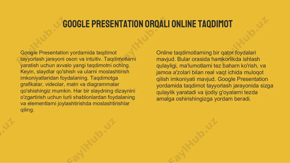 t. google docsda birgalikda tahrirlash: muammolar va yechimlar. o'zbekiston fanlar akademiyasi, 2023 5. jumaniyazov d. google dasturlarida hamkorlik va ma'lumotlarni tahlil qilish. o'zbekiston davlat jurnalistika instituti, 2022 slides carnivaldesigned by slides carnival e'tiboringiz uchun rahmat! https://www.slidescarnival.com/ https://www.slidescarnival.com/ slide 1 slide 2 slide 3 slide 4 slide 5 slide 6 slide 7: google presentation imkoniyatlari slide 8: online taqdimot uchun vositalar slide 9 slide 10 slide 11