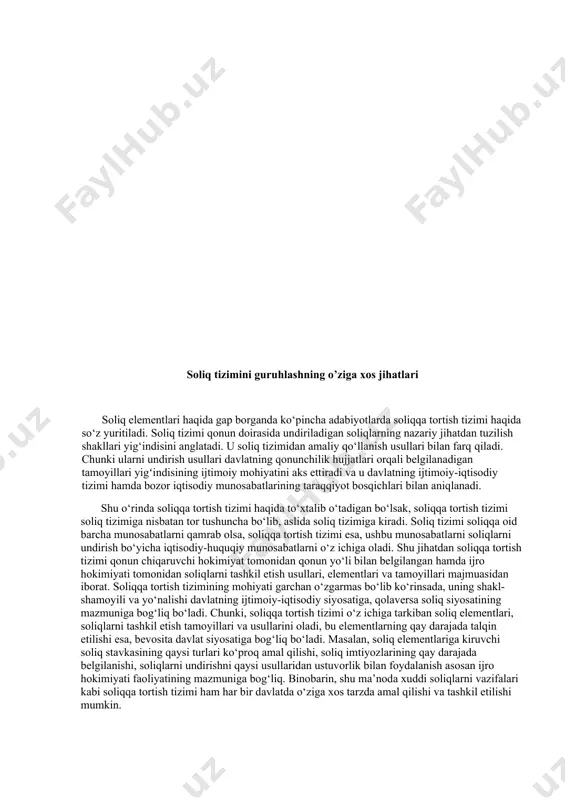 o‘rinda soliqqa tortish tizimi haqida to‘xtalib o‘tadigan bo‘lsak, soliqqa tortish tizimi soliq tizimiga nisbatan tor tushuncha bo‘lib, aslida soliq tizimiga kiradi. soliq tizimi soliqqa oid barcha munosabatlarni qamrab olsa, soliqqa tortish tizimi esa, ushbu munosabatlarni soliqlarni undirish bo‘yicha iqtisodiy-huquqiy munosabatlarni o‘z ichiga oladi. shu jihatdan soliqqa tortish tizimi qonun chiqaruvchi hokimiyat tomonidan qonun yo‘li bilan belgilangan hamda ijro hokimiyati tomonidan soliqlarni tashkil etish usullari, elementlari va tamoyillari majmuasidan iborat. soliqqa tortish tizimining mohiyati garchan o‘zgarmas bo‘lib ko‘rinsada, uning shakl-shamoyili va yo‘nalishi davlatning ijtimoiy-iqtisodiy siyosatiga, qolaversa soliq siyosatining mazmuniga bog‘liq bo‘ladi. chunki, soliqqa tortish tizimi o‘z ichiga tarkiban soliq elementlari, soliqlarni tashkil etish tamoyillari va usullarini oladi, bu elementlarning qay darajada talqin etilishi esa, bevosita davlat siyosatiga bog‘liq bo‘ladi. masalan, soliq elementlariga kiruvchi soliq stavkasining qaysi turlari ko‘proq amal qilishi, soliq imtiyozlarining qay darajada belgilanishi, soliqlarni undirishni qaysi usullaridan ustuvorlik bilan foydalanish asosan ijro hokimiyati faoliyatining mazmuniga bog‘liq. binobarin, shu ma’noda …