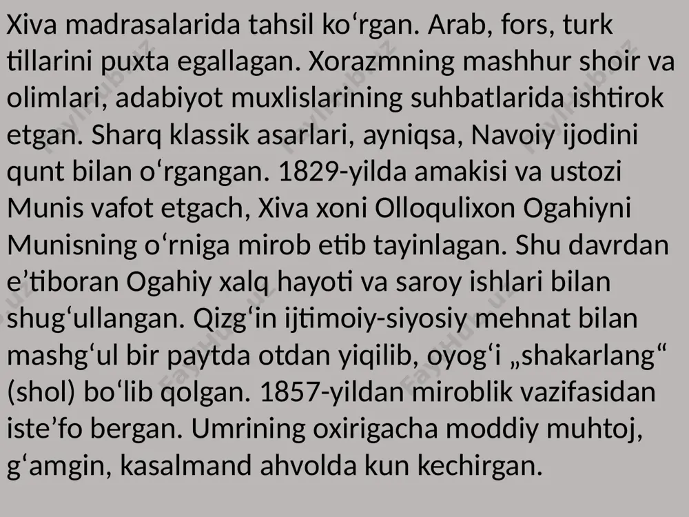 ni esa baytma-bayt tarjima qilib (kirish qismidan tashqari), aniq ijodiy tarjima namunasini yaratgan. „miftoh ut-tolibin“ , „ravzat us-safoyi nosiriy“, „tabaqoti akbarshohiy“, „tazkirai muqimxoniy“, „firdavs ul-iqbol“,„shohidi iqbol“, „yusuf va zulayho“ , „taʼviz ul-oshiqin“ asarlarining qoʻlyozma nusxalari toshkent, dushanba va sankt-peterburgda saqlanadi. „zafarnoma“ (ali yazdiy), „bahoriston“, „salomon va ibsol“ (jomiy), „hasht behisht“ (xusrav dexlaviy) asarlarining ogahiy tarjimasi hanuzgacha topilmagan. image1.jpeg image2.jpeg