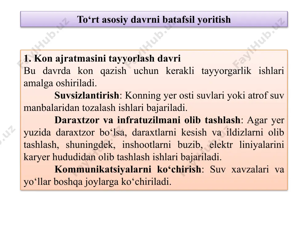 lab qiladi? a) foydali qazilmani qazib olish b) qoplama jinslarni qazib olish c) tog‘ jinslarini tashish d) rekultivatsiya qilish 5. rekultivatsiya qilish jarayoni nima maqsadda amalga oshiriladi? a) karyer qazish jarayonini tezlashtirish uchun b) yerning ekologik holatini tiklash uchun c) qoplama jinslarni olib tashlash uchun d) yo‘llarni qurish uchun 6. karyer qazish jarayonida ekskavator va konveyer sxemasi qaysi turdagi transport vositalaridan foydalanadi? a) avtomobillar va temir yo‘l transporti b) konveyer va ekskavatorlar c) traktorlar va yuk mashinalari d) faqat konveyerlar 7. qazib-yuklash jarayonida nima amalga oshiriladi? a) qoplama jinslarni qayta ishlash b) qazilgan jinslarni transport vositalariga yuklash c) foydali qazilmani ajratib olish d) qazish uchun yer tayyorlash 8. rekultivatsiya jarayonida qaysi asbob-uskunalar ishlatiladi? a) ekskavatorlar b) buldozerlar c) yuklagichlar d) barcha javoblar to‘g‘ri 9. ochiq konchilikda yer tayyorlash davrida qanday jarayonlar bajariladi? a) foydali qazilmani qazib olish b) daraxtlarni kesish va ildizlarni olib tashlash c) tog‘ jinslarini portlatish d) qazilgan …
