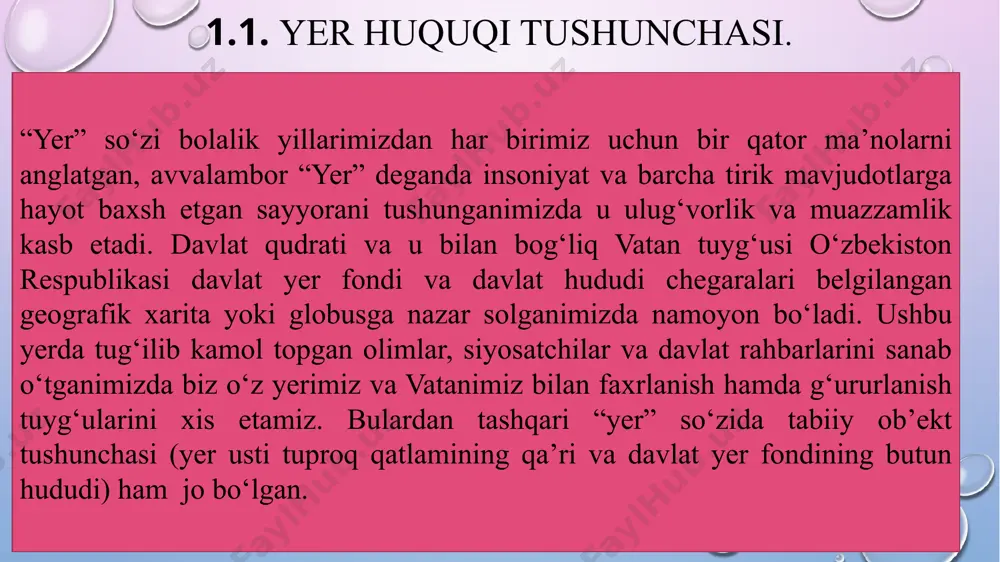 ish yer uchastkasini saqlash va servitutlarga amal qilish mavzu yuzasidan savollar yer huquqi deganda nima tushunasiz ? yer huquqining predmeti bo’lib qanday munosabatlar xizmat qiladi? impyerativ usul deganda nima tushunasiz ? dispozitiv usul deganda nima tushunasiz? yerdan foydalanganlik uchun haq to‘lash deganda nimani tushunasiz? mavzuga tayyorgarlik ko’rishda tavsiya etiladigan adabiyotlar ro’yxati 1. o’zbekiston respublikasining yer kodeksi. 2. yer huquqi – asqar nigmatov o’quv qo’llanma “toshkent islom universiteti” – 2001. 3. yer huquqi - m.r.mirzaabdullaeva, m.a.muqumov, z.x.xafizova. toshkent - 2016 qo’shimcha adabiyotlar: 1. m.b.usmonov va bosh. «yer huquqi». –t.: tdyui, 2002. –b.380 2. b.usmonov «yer huquqi» // o’quv qo’llanma.-t.: 2004. –b.25 3. т.f.radostina, z.х.unarova zemelnoye pravo // uch. metodicheskoye posobiye. –t.: 2004. –s.26 e’tiboringiz uchun rahmat image3.png image4.jpeg image5.jpeg image6.jpeg image7.jpg image8.jpeg image1.png