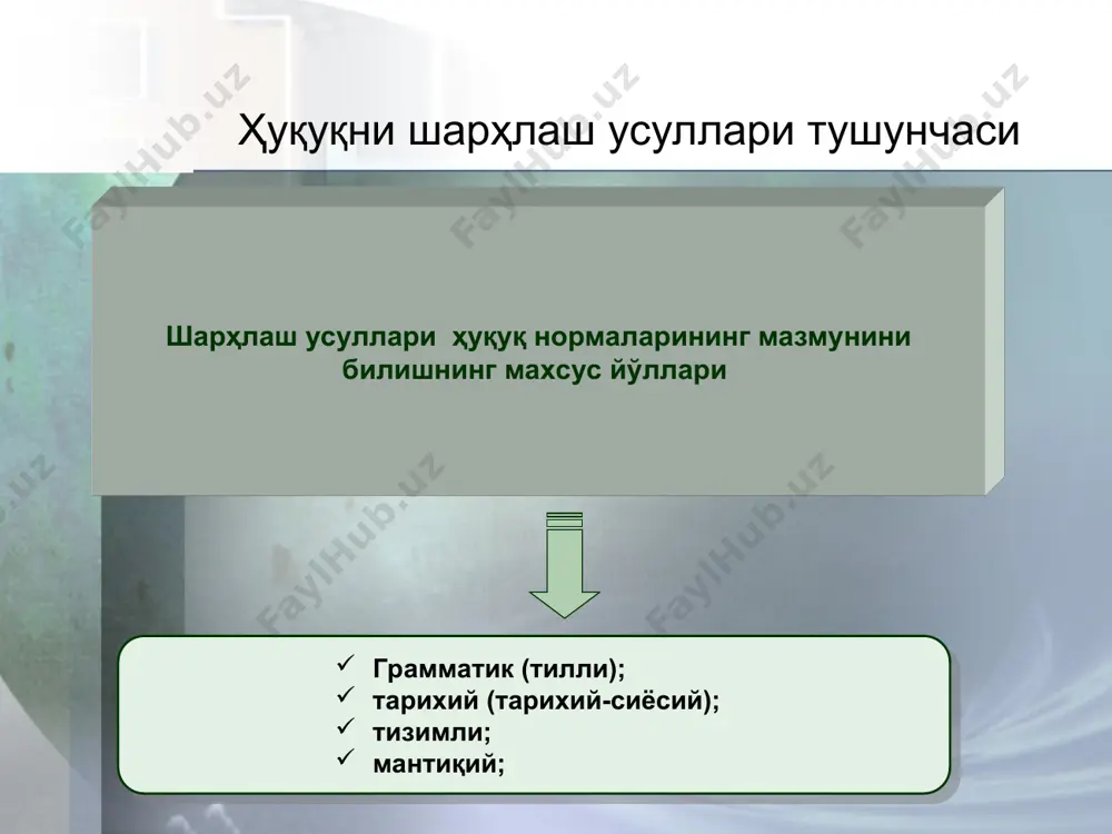 ҳимояланиш; аҳолининг кам таъминланган қисмини давлат томонидан ижтимоий жиҳатдан ҳимояланганлиги ижтимоий юридик сиёсий кафолат давлат ва унинг фаолиятининг ҳолати юқори даражада ташкил қилинганлиги; давлат ва ҳокмият органларининг конституция асосида ташкил этилганлиги ва ҳ.к. сиёсий ҳуқуқий тартибот тушунчаси ва белгилари ҳуқуқий тартиботни ҳуқуқ нормалари асосида тартибга солиш ҳуқуқ нормалари асосида ижтимоий муносабатларни тартибга солиш давлат томонидан кафолатланган-лиги ҳуқуқий тартибот – фаолият ва жамоат тартибини сақлаш учун давлат идоралари ва жамоатчилик томонидан ижтимоий нормаларни жамоат ҳаётига татбиқ этиш фаолияти ҳуқуқий тартибот принципларининг мазмуни иерархияга асосланганлиги ҳуқуқий тартибот принциплари ягоналиги қонунийлик назоратга олинганлиги кафолатланганлиги адолатлилиги нормативийлиги ҳуқуқий тартибот таснифи (турлари) оддий; мураккаб. мураккаблик даражасига кўра ҳуқуқий тартибот таснифи расмий тусдаги; норасмий тусдаги; ҳуқуқий тартибга солинишига кўра ҳуқуқ соҳасига кўра ҳудудий миқёсига кўра маъмурий ҳ.т.; жиноий-ҳуқуқий т.; фуқаровий ҳ.т. мамлакат миқёсидаги ҳ.т. вилоят миқёсида ҳ.т. ҳуқуқий тартиботнинг таркибий тузулиши жамиятнинг ҳуқуқий ташкилотлари ҳуқуқий муносабатлар ва жамиятдаги алоқалар ҳуқуқий муносабатлар ва алоқаларнинг тартибга солинганлиги ҳуқуқий …