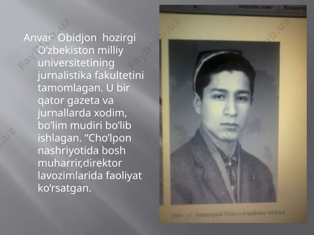 hali o’tib bo’lmagan bir darsi qoldi. shuncha meros berib ham bir qarzi qoldi, bu gaplarning mag’zin chaqib ulg’ay, bolam. anvar obidjonning she’rlari yosh kitobxonni cho’g’dek porlab turishiga barakali hissa qo’shmoqda. shoirning o’nlab qissa va dostonlari, ertak va dramalari bolalar qo’lidan tushmay kelayotir. respublika yosh tomoshabinlar teatri hamda farg’ona, guliston, qarshi, qo’qon teatrlarida anvar obidjonning “qo’ng’iroqli yolg’onchi”, ”pahlavonning o’g’irlanishi”, “topsang hay-hay”, “navro’z va boychechak”, “qorinbotir” pyesalari sahnalashtirilgan. uning asarlari asosida “ozbekfilm” kinostudiyasi tomonidan “tilsimoy – g’aroyib qizaloq”, “dahshatli meshpolvon”komediyalari kino tasmasiga tushirilgan. anvar obidjonning she’rlariga bastalangan qo’shiqlarning asosiy qismi bolalarga bag’ishlangan. e’tiboringiz uchun rahmat! image2.jpeg image3.jpeg image4.jpeg image5.jpeg image6.jpeg image7.jpeg image8.jpeg image9.jpeg image10.jpeg image11.jpeg image12.jpeg image13.jpeg