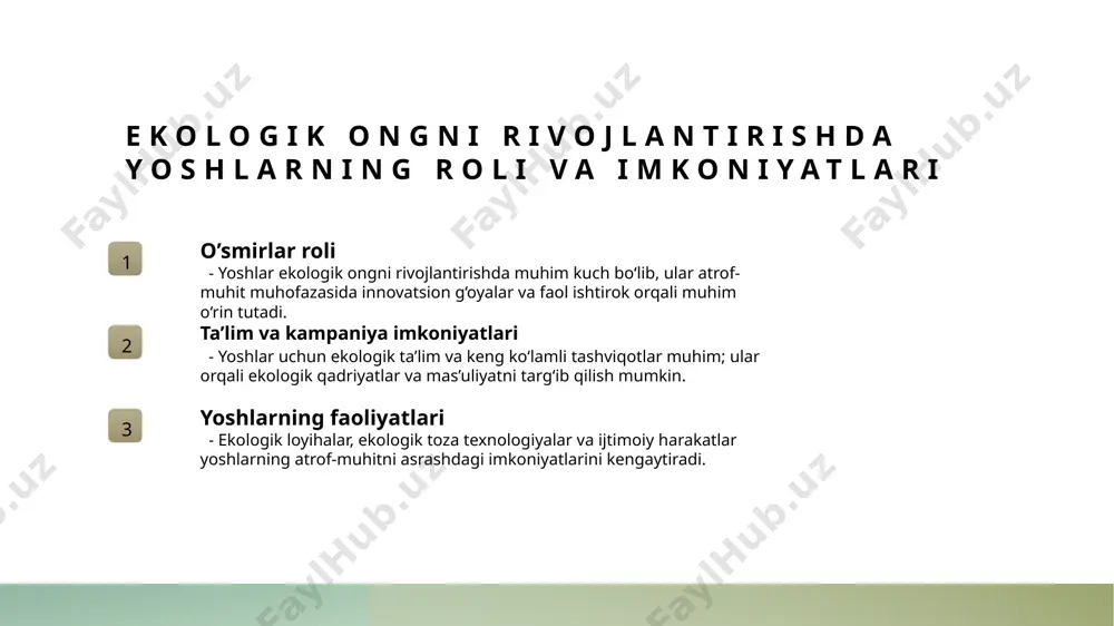 engashi atrof-muhit haqidagi ta’lim va axborot tarqatish, insonlarning ekologik qadriyatlarni qabul qilishini va amaliy harakatlarni rivojlantirishga yordam beradi. tabiat bilan muvofiqlikda yashash madaniyatining o’sishi 1 tabiat bilan muvofiqlikda yashash madaniyatining o’sishi tabiat bilan muvofiqlikda yashash madaniyati, inson va atrof-muhit o’rtasidagi uyg’unlikni rivojlantirishga qaratilgan. bu, ekologik axloq va madaniyatni shakllantirish orqali amalga oshadi. 2 eko-axloq va amaliy yondashuvlar tabiat bilan muvofiqlikda yashash uchun ekologik axloq va amaliy yondashuvlar muhim. bu, resurslarni oqilona foydalanish va tabiatni muhofaza qilishni ta’minlaydi. 3 yoshlar va madaniyat yoshlar o’rtasida ekologik madaniyatni oshirish, ularning tabiatga bo’lgan munosabatini mustahkamlash va kelajakda barqaror rivojlanishni ta’minlash uchun muhimdir. ta’lim va tushunchalar orqali barqaror rivojlanishni ta’minlash ta’lim va tushunchalar orqali barqaror rivojlanishni ta’minlash ta’lim jarayonida ekologik tushunchalarni shakllantirish, yoshlar va jamiyatni tabiat bilan uyg‘un yashashga o‘rgatadi. bu bilan uzoq muddatli barqarorlik ta’minlanadi. axborot va madaniyatning roli ekologik bilimlar va qadriyatlarni tarqatish orqali insonlarning tabiatga bo‘lgan mas’uliyatini oshiramiz, madaniyat orqali ekologik ongni …
