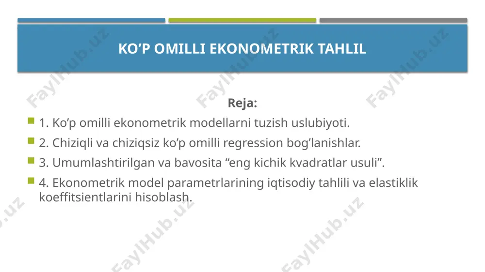 k etmasligi kerak. chunki ular regressiya tenglamasida bir-birini ma'lum darajada takrorlab, natijada regressiya va korrelyatsiya ko'rsatkichlarining buzilishiga sababchi bo'ladi. shu sababli, tanlangan omillar ichida o'zaro kuchli chiziqli korrelyatsion bog'lanishda bo'lgan omillardan ba'zilarini regressiya tenglamasiga kiritmaydi. buning uchun chiziqli juft korrelyatsiya koeffitsientlarining matritsasi tuziladi. 2. chiziqli va chiziqsiz ko’p omilli regression bog’lanishlar. regression taxlil asosida tanlangan omillar asosida bog’lanish turi aniqlanadi. natijaviy ko’rsatkich y va unga ta’sir etuvchi omillar guruxi , , , … bog’lanish turini umumiy ko’rinishini quyidagi funktsiya yordamida ifodalash mumkin: analitik ifodalarining ko’rinishiga qarab bog’lanishlar to’g’ri chiziqli (yoki umuman chiziqli) va egri chiziqli (yoki chiziqsiz) bo’ladi. agar bog’lanishning tenglamasida omil belgilar (, , , … ) faqat birinchi daraja bilan ishtirok etib, ularning yuqori darajalari va aralash ko’paytmalari qatnashmasa, ya’ni ko’rinishda bo’lsa, chiziqli bog’lanish yoki to’g’ri chiziqli bog’lanish deyiladi. ifodasi to’g’ri chiziqli (yoki chiziqli) tenglama bo’lmagan bog’lanish egri chiziqli (yoki chiziqsiz) bog’lanish deb ataladi. 2. chiziqli va chiziqsiz …