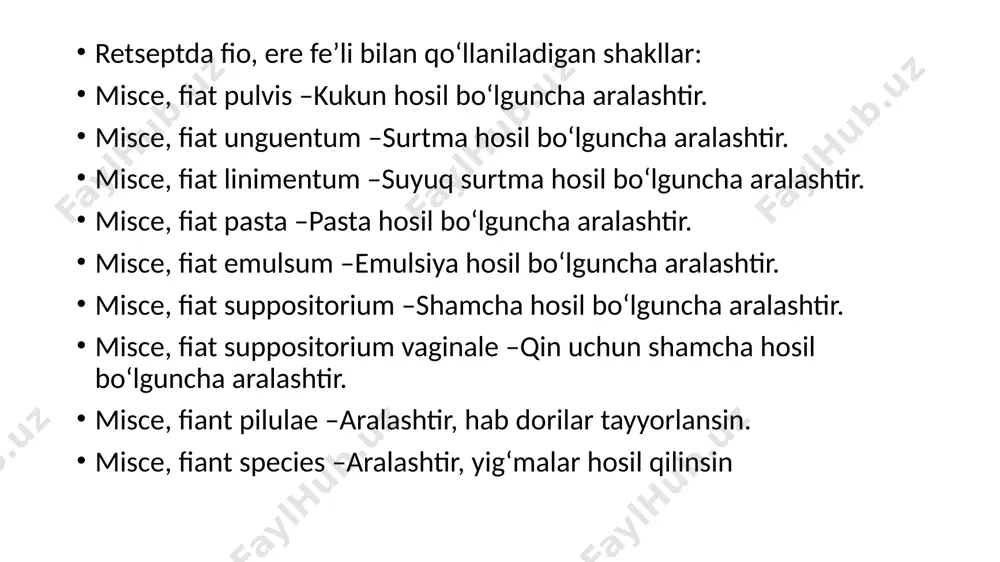 finata –parafinli qog’ozda in lagoena –shisha idishda in scatula –qutichada in oblatis –oblatkada (g’ilofchalarda) in spiritis –spirtda in tabulettis –tabletkalarda in tabulettis obductis –qobiq bilan o’ralgan tabletkalarda in vitro –shishachada in vitro nigro –qora shishachada in vivo –kerak, tirik organizmga lege artis –tabiiy holatda per inhalationem –ingalyatsiya orqali per os –og’iz orqali per rectum –to’g’ri ichak orqali per se –toza holda pro auctore /pro me/ –muallif uchun /men uchun / pro die –dorining sutkalik dozasi pro dosi –bir marta qabul qilish uchun doza pro infantibus –bolalar uchun pro inhalatione –ingalyatsiya /dorilarni yuqori nafas yo’llariga gaz yoki bug’ holatida kiritish/ uchun pro iniectionibus –in’yeksiya /ukol/ uchun pro narcosi –narkoz (uxlatish) uchun pro roentgeno –rentgen uchun : da collargolum in vitro nigro; medicamentum detur in ampullis; praescribe methylenum coeruleum in capsu- lis gelatinosis; aqua pro injectionibus in ampuuis; tabulettae contra tussim; praepara infusa et decocta ex tempore; solutio iodi ad usum internum; …