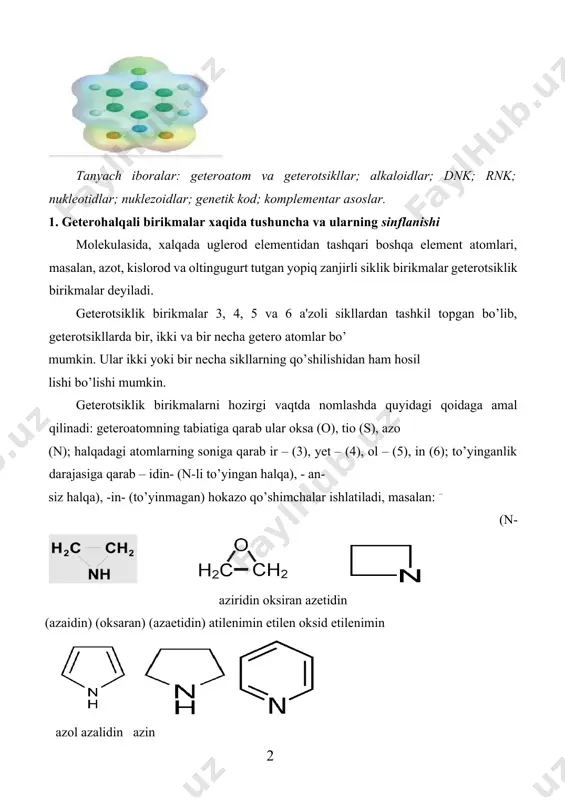 abiiy moddalarning taxminan yarmidan ko’pi vitaminlar, almashtirish mumkin bo’lmagan aminokislotalar ham ular jumlasiga kiradi. tabiiy geterotsiklik birikmalar jumlasiga o’simliklarning xlorofill moddasi, penitsillin va b1, b6, b vitaminlar ham kiradi. 12 jipslashgan ko’p halqali geterotsikllarni alohida nomlar bilan ataladi (kumaron, indol, xinolin va h.k.). besh a’zoli geterotsikllik birikmalarning oddiy vakillari furan, tiofen va pirrol hisoblanadi. ular aromatik xarakterga ega: ularning molekulasida oltita e-elektronlar benzoldagi kabi umumiy electron bulutini hosil qiladilar, masalan furanda: rentgenografik o’lchashlar natijasida furan, tiofen va pirrol molekulalaridagi atomlar orasidagi masofalar quyidagi qiymatlarga ega ekanligi isbotlangan (nm hisobida): .. ..n h .. о.. s.. furan tiofen pirrol yuqoridagi formulalardan tashqari besh a’zoli geterotsikllar uchun quyidagi tuzilish formulalarini ham yozish mumkin: 2. besh va olti a'zoli geterotsikllar, ularning tuzilishi, xossalari bir geteroatomli besh a'zoli geterotsiklik birikmalardan furan, tiofen va pirrol, 6 a'zoli geterotsikllardan piridin va ularning hosilalari muhim amaliy ahamiyatga ega. bir a'zoli geterotsikllarda 2 va 5-holatlar α, α’, 3 …