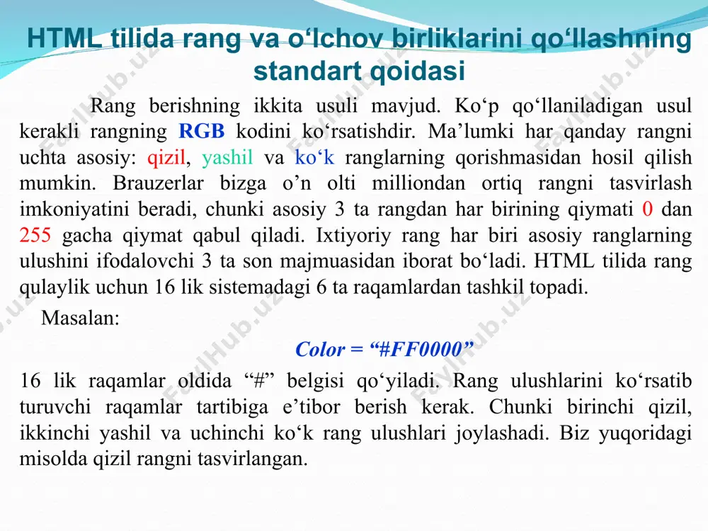 tiladi. videofayl joylashgan manzilni ko‘rsatish uchun esa dynsrc parametri ishlatiladi. tegiga parametrini qo‘shish orqali yuklangan video klipni tasvirlash jarayonini boshqarish mumkin. parametrining ikkita qiymati mavjud: mouseover; fileopen; mouseover - parametri foydalanuvchi kursor ko‘rsatkichini videotasvir joylashgan soha ustiga olib kelishi bilan video tasvirning tasvirlanish jarayoni boshlanishini bildiradi. fileopen - parametri esa web sahifa kompyuterga to‘liq yuklanib bo‘lgandan keyin darhol tasvirlanish jarayoni boshlanishini bildiradi. web sahifaga videofayl joylashtirish eslatma: mouseover qiymati bilan ham web sahifaga video fayl yuklang. web sahifaga avi formatli video faylni yuklash. web sahifada video fayllarni takroriy tasvirlash. loop - parametri orqali videorolikning necha marta tasvirlanishini boshqarish mumkin. buning uchun tasvirlanishlar sonini loop parametriga qiymat sifatida berishimiz zarur. masalan: loop=“2” loopdelay - parametri takroriy tasvirlanish jarayonida tasvirlanishlar orasidagi vaqtni belgilaydi va qiymati millisekundlarda beriladi. masalan: loopdelay=“5000” takrorlashlar orasida 5 sekundlik tanaffus bilan tasvirlanadi. web sahifaga videofayl joylashtirish web sahifaga tovushli fayllarni yuklash. tovushli fayllar web sahifada fon hisobida qatnashadi. …