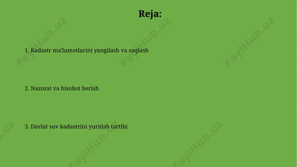 ga bo'lishi shart. davlat suv kadastrini yuritish tartibi davlat suv kadastri ma'lumotlar bazasini yillik yangilanishi kamida 10 ta asosiy gidrometrik ko'rsatkichlar bo'yicha 5000 dan ortiq suv ob'ektlarini qamrab oladi. kadastrni yuritishda geodeziya va kartografiya ma'lumotlaridan foydalaniladi, bu esa aniqlikni oshirish uchun koordinatalarning aniqligi 1:100000 gacha bo'lishini ta'minlaydi. ma'lumotlarni yangilash va tahrirlash suv ob’ektlarining chegaralari to’g’risidagi ma’lumotlarni tahrirlash va yangilashda, kamida ikki nafar malakali mutaxassis tomonidan tekshiruvdan o’tkazish va tasdiqlash jarayoni majburiy hisoblanadi. geodezik koordinatalarni aniqlashda gps texnologiyalaridan foydalanish orqali, xatolik chegarasi 1 metrdan oshmasligi ta’minlanadi va ma’lumotlarning aniqligi 99% dan kam bo’lmasligi kerak. huquqiy asoslar va me'yoriy hujjatlar suv resurslarining hisobi va nazorati bo‘yicha 5 yillik davriy hisobotlar, “suv xo‘jaligi to‘g‘risida”gi qonun talablariga muvofiq, aniq miqdoriy va sifat ko‘rsatkichlar bilan taqdim etilishi shart. kadastr ma’lumotlarining aniqligi va ishonchliligi uchun, kamida yiliga 2 marta ma’lumotlar bazasini tekshirish va yangilash, shu jumladan, 100 dan ortiq suv ob’ektlarini qayta baholash jarayoni amalga oshiriladi. …