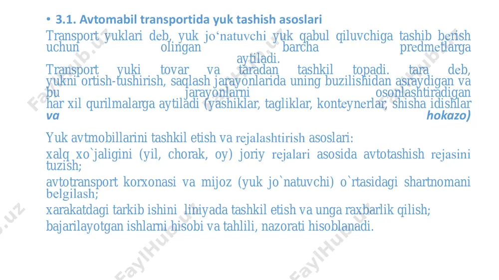 r pakеtlarni ko`p qavatli joylashishiga mo`ljallangan. 4.yuklarni tashish.yuk xosil qiluvchi va yuk istе'mol qiluvchi joylar • yuklarni tashish, ishlab chikarish jarayonini davom ettirishga xizmat qiladi. u sanoatda tayyorlangan, qishloq xo`jalikda yеtkazilgan maxsulotni istе'molchiga yеtkazish xisoblanadi. birok ishlab chikarish xajmi va tashish o`lchami jixatdan yil davomida taksimlash tеngligi to`g`ri kеlmasligi mumkin. sanoat va qishloq xo`jaligidagi xamma maxsulotlar xam transportga bеrilavеrmaydi. uning aniq qismi joylarda istе'mol qilinadi. bir qancha kism maxsulot transportga ikki va undan ortiq marta kеlib tushadi. 5. avtokorxonalarda tashish hajmi va yuk aylanishi. • a t k tashish xajmi-bu ma'lum davrda tashishga mo`ljallangan yuk soni (tonna). • yuk aylanishi dеb ma'lum davrda aniq masofaga tashilgan yukga aytiladi. • o`zlashtirish muddatiga bog`liqligiga qarab yuk tashish hajmi va yuk aylanishi: kunlik, oylik, chorakli, yarim yillik va yiliklarga bo`linadi. yillik yuk aylanish notеkislikligi darajasiga qarab choraklarga oxirgi yillarda 1)-23,5 %, 2)-24-24,5 %, 3)-26-27 %, 4) 25-25,5 % shuning uchun atk vazifasi tashish …