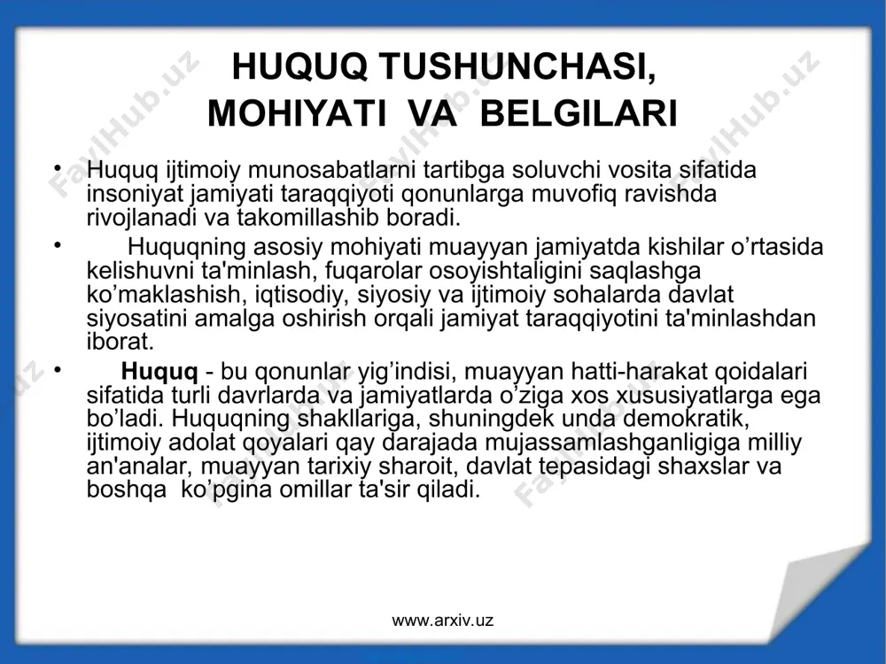 matsiya), ijtimoiy munosabatlarni va kishilarning xulqini tartibga solishdagi regulyatorlik xususiyatini yo’qotishga olib keladi. www.arxiv.uz www.arxiv.uz tabiiy huquq nazariyasining asoschisi gollandiyalik yurist olim gugo grotsiy bo’lib, bu nazariya uning 1625 yilda yozilgan «huquq haqida urush va tinchlik» kitobida asoslab berilgan. bu nazariyaga asosan tabiiy huquq insonga tabiat tomonidan berilgan bo’lib, bunga insoniyatning turmushi va yashash huquqi, ozodlik va tinchlik huquqi, mulkka egalik huquqi uning hayoti va sog’ligini jamiyat va davlat tomonidan qo’riqlash huquqlari kiradi. bu tabiiy huquqlar o’zbekiston respublikasi konstitutsiyasining bir qancha moddalarida mustahkamlangan. masalan, yashash huquqi har bir insonning uzviy huquqidir. (24-modda). har kim erkinlik va shaxsiy daxlsizlik huquqiga ega (25-modda). xususiy mulk va boshqa barcha mulk shakllari teng huquqli bo’lib, daxlsiz va davlat himoyasidadir.(53-modda). www.arxiv.uz www.arxiv.uz www.arxiv.uz www.arxiv.uz huquq jamiyat a'zolari hatti-harakatlarini me'yorga soluvchi vositalar sifatida davlat hokimiyati va boshqaruv organlari tomonidan chiqariladigan huquqiy hujjatlarda ifodalanadi. huquq jamiyatda normativ belgilar yig’indisi bo’lib, insonning ozodlik va adolat g’oyalariga asoslangan kishilar …